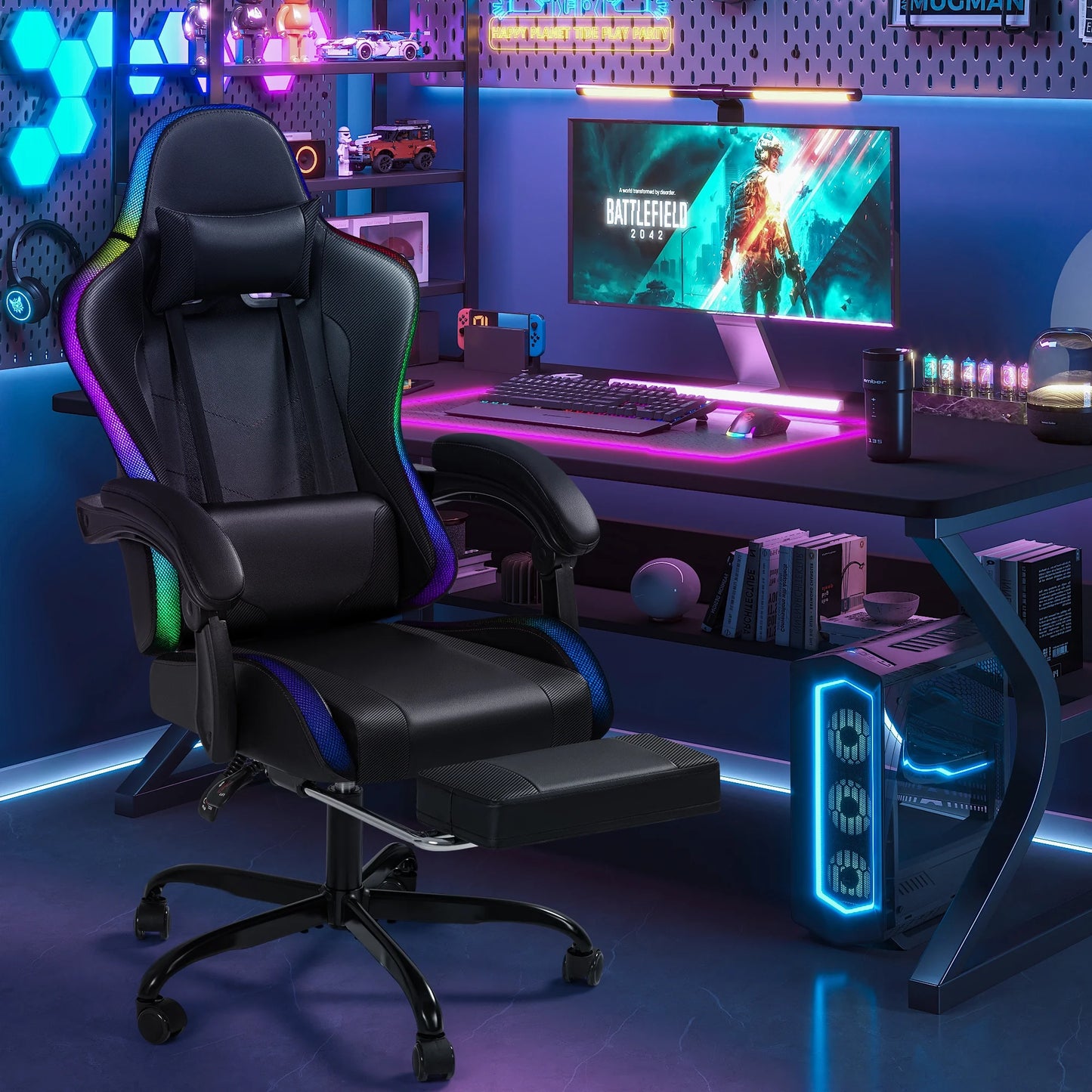 Homall RGB Gaming Chair with Massage and LED Lights Ergonomic Computer Chair with Footrest E-Sports Chair with Adjustable Lumbar Support Reclining Video Game Chair, Black
