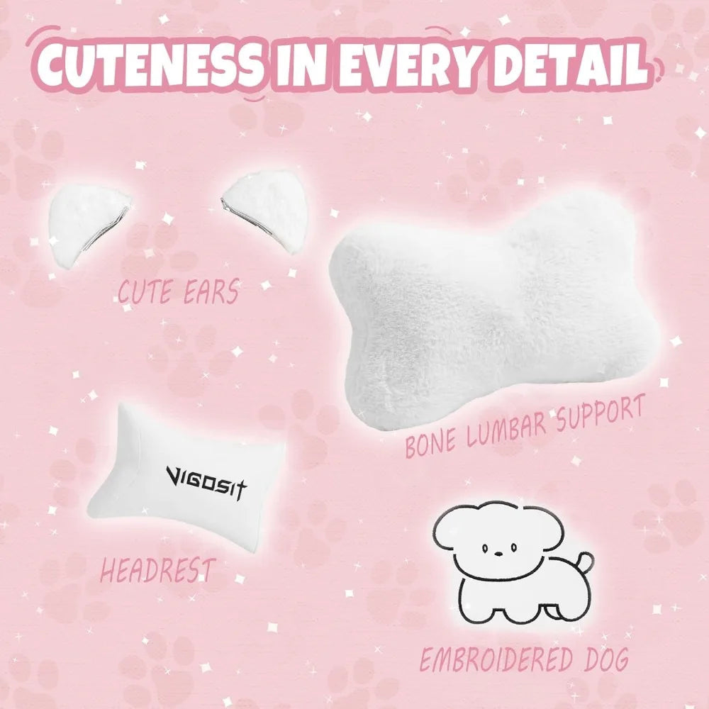 Gaming Chair Cute with Ears and Kawaii Cushion, Ergonomic Computer Game Chair for Girl with Lumbar Support and Footrest, Comfort