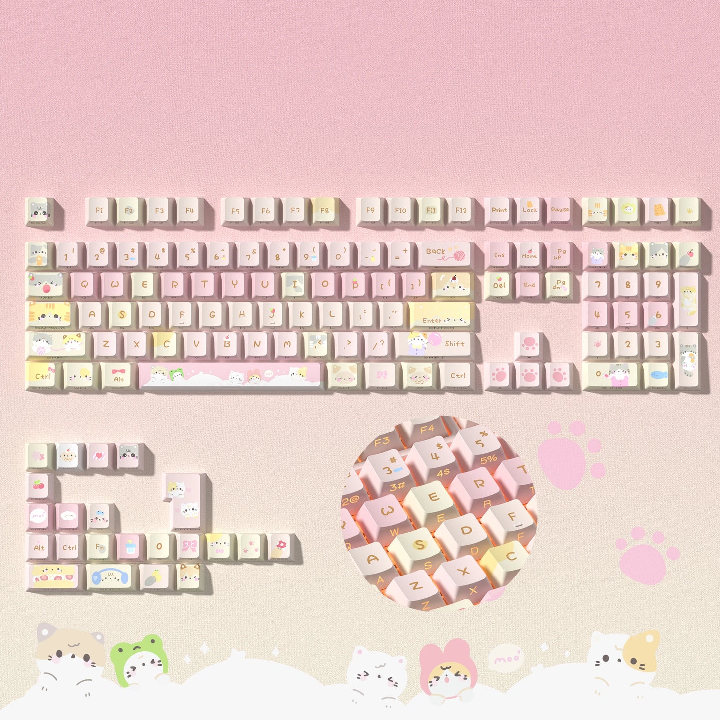 130 Key Pink Cat Side Print RGB Backlit Keycaps Cherry Profile 5 Sides Dye Sub PBT Keycaps for Cherry MX Switches Gamer Keyboard