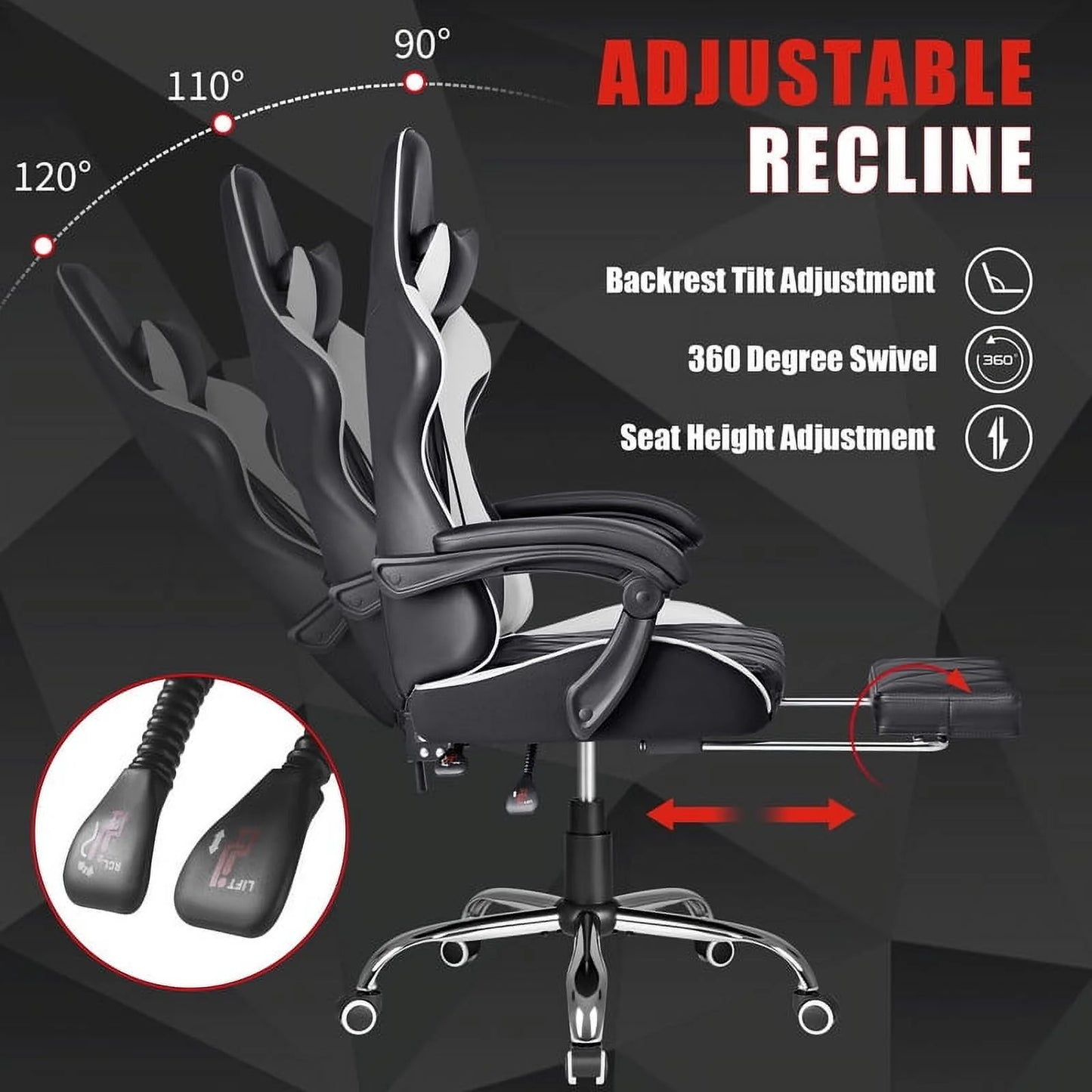 Gaming Chair Massage Office Chair Computer Racing Chair High Back PU Leather Chair, White