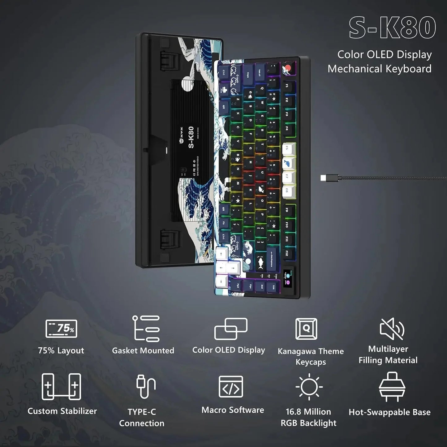 S-K80 Gamer Keyboard with Color OLED Display Mechanical Gaming Keyboard Hot Swappable Gasket Mount RGB Custom Keyboard