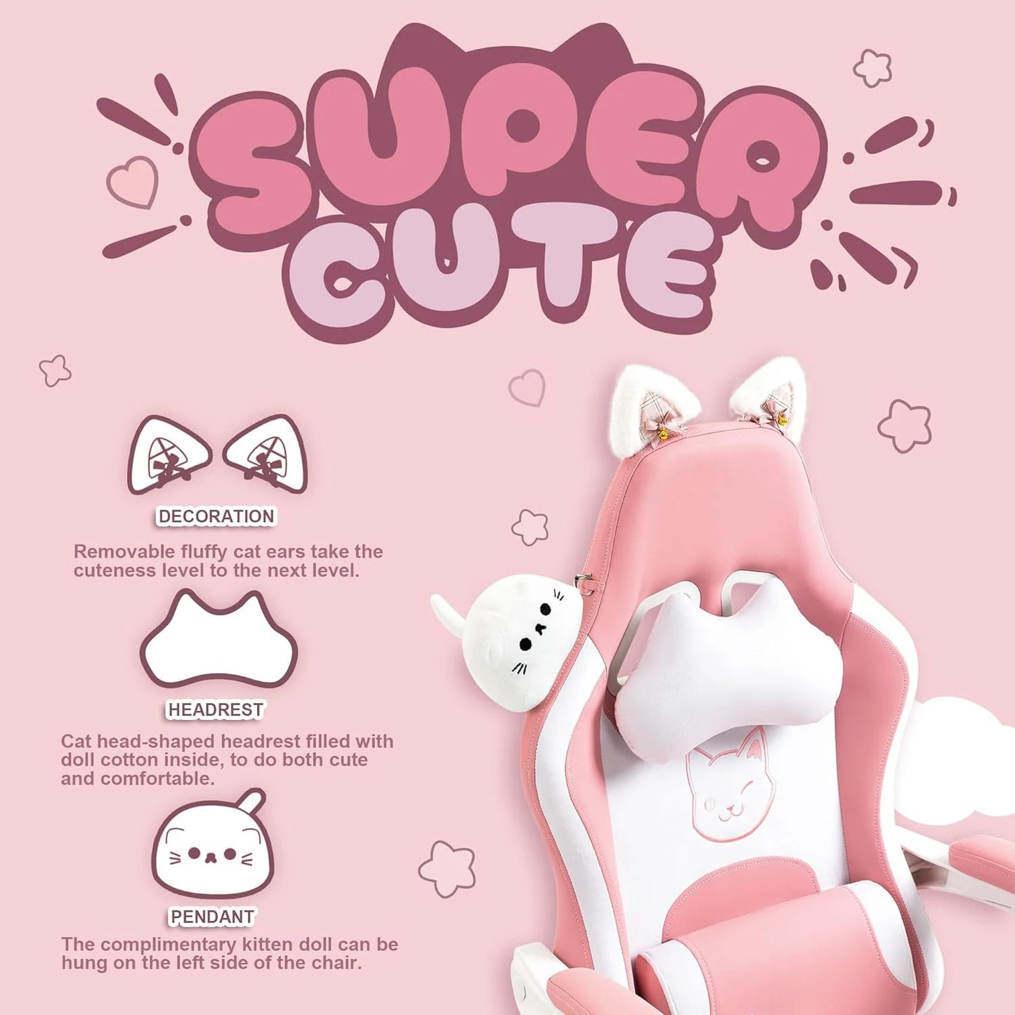 Game Chair, Equipped with Cat Ears and Massage Lumbar Support, with Foot Pedals and Headrest, Recliner Weighing 290 Pounds, Pink