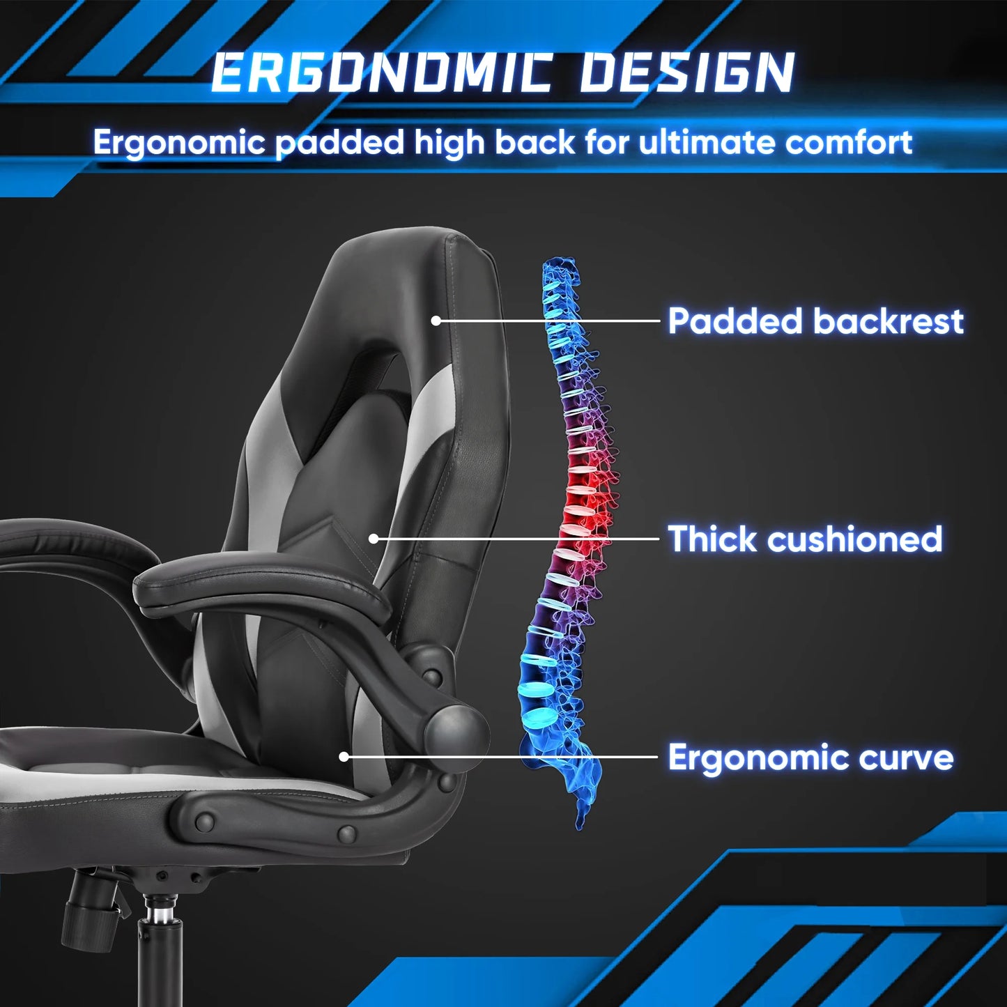 GIANNA Computer Gaming Chair, Ergonomic PU Leather Racing Chair with Flip-Up Armrest, Black Grey