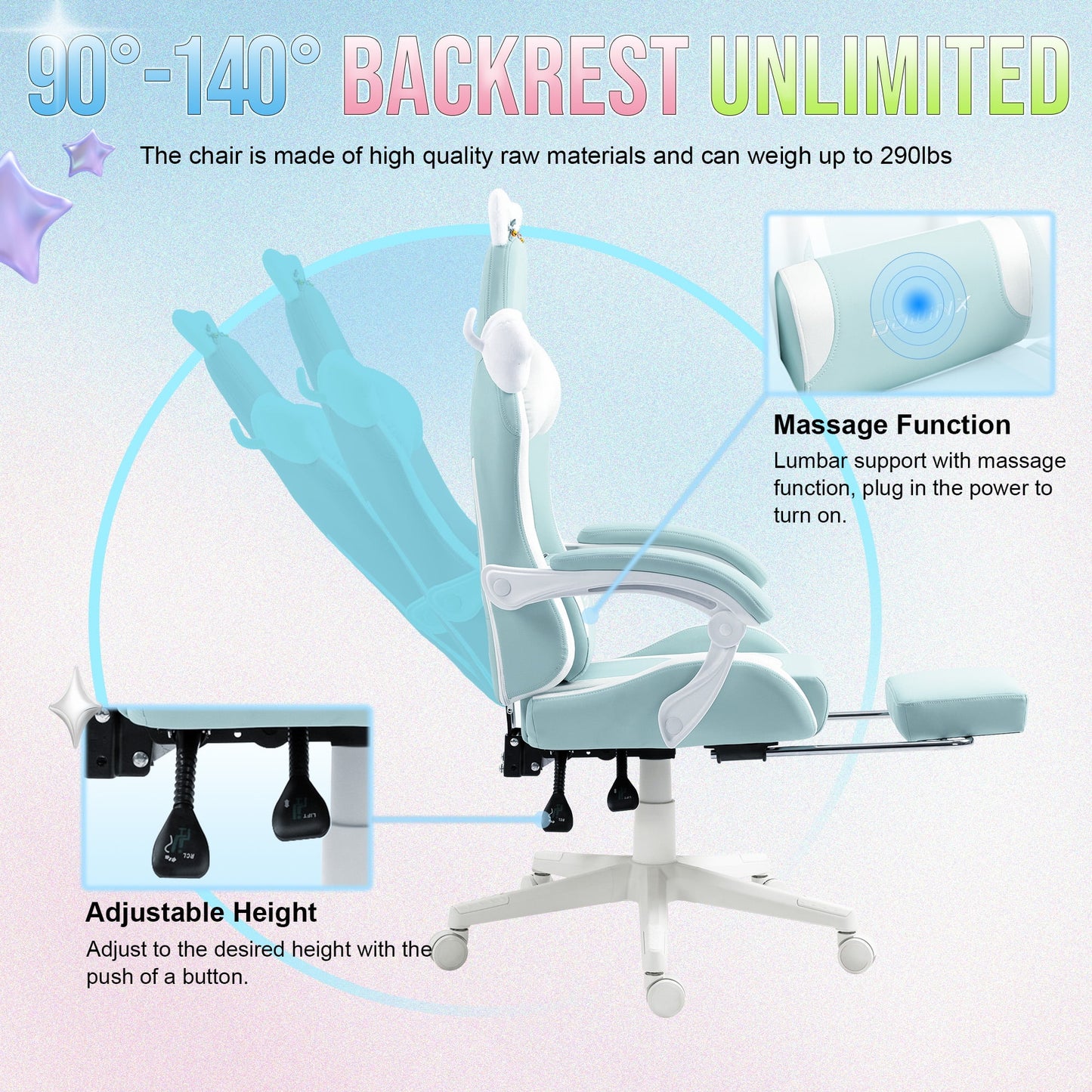 Cute Cat-Ear Gaming Chair with Massaging Lumbar Support, Ergonomic Computer Gaming Chair for Girl and Adults, Reclining Comfort Game Chairs with Footrest, Blue