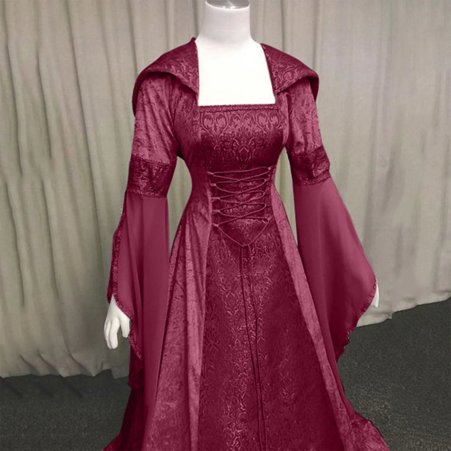 Women'S Hooded Gothic Dres Long Sleeve Hooded a Line Tiered Midi Dress Gothic Dresses for Ladies Lace Bow Tie Gothic Dress Floor Length Cosplay Dress Red M