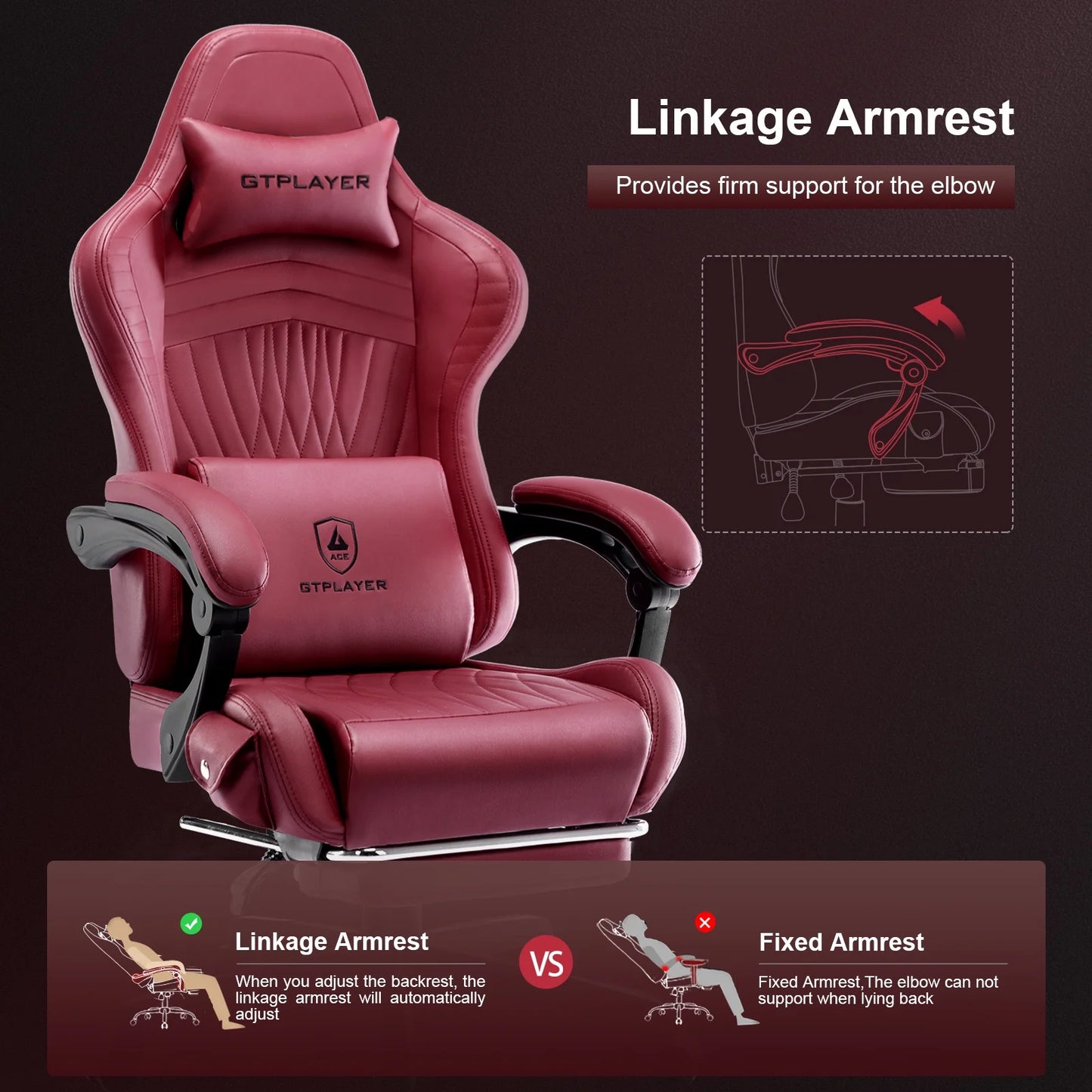 Gtplayer Pro Gaming Chair with Footrest, Dual Bluetooth 5.1 Speakers PVC Leather Recliner, Winered
