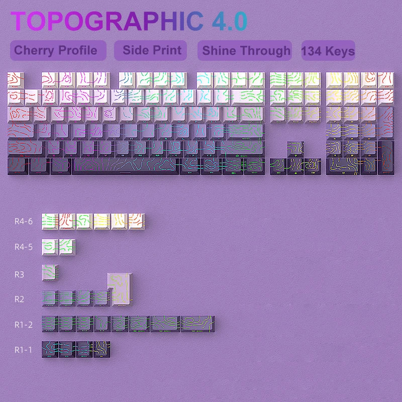 134 Key Black Topographic 4.0 PBT Keycaps Double Shot Side Print Shine through Backlit Key Caps for MX Gamer Mechanical Keyboard