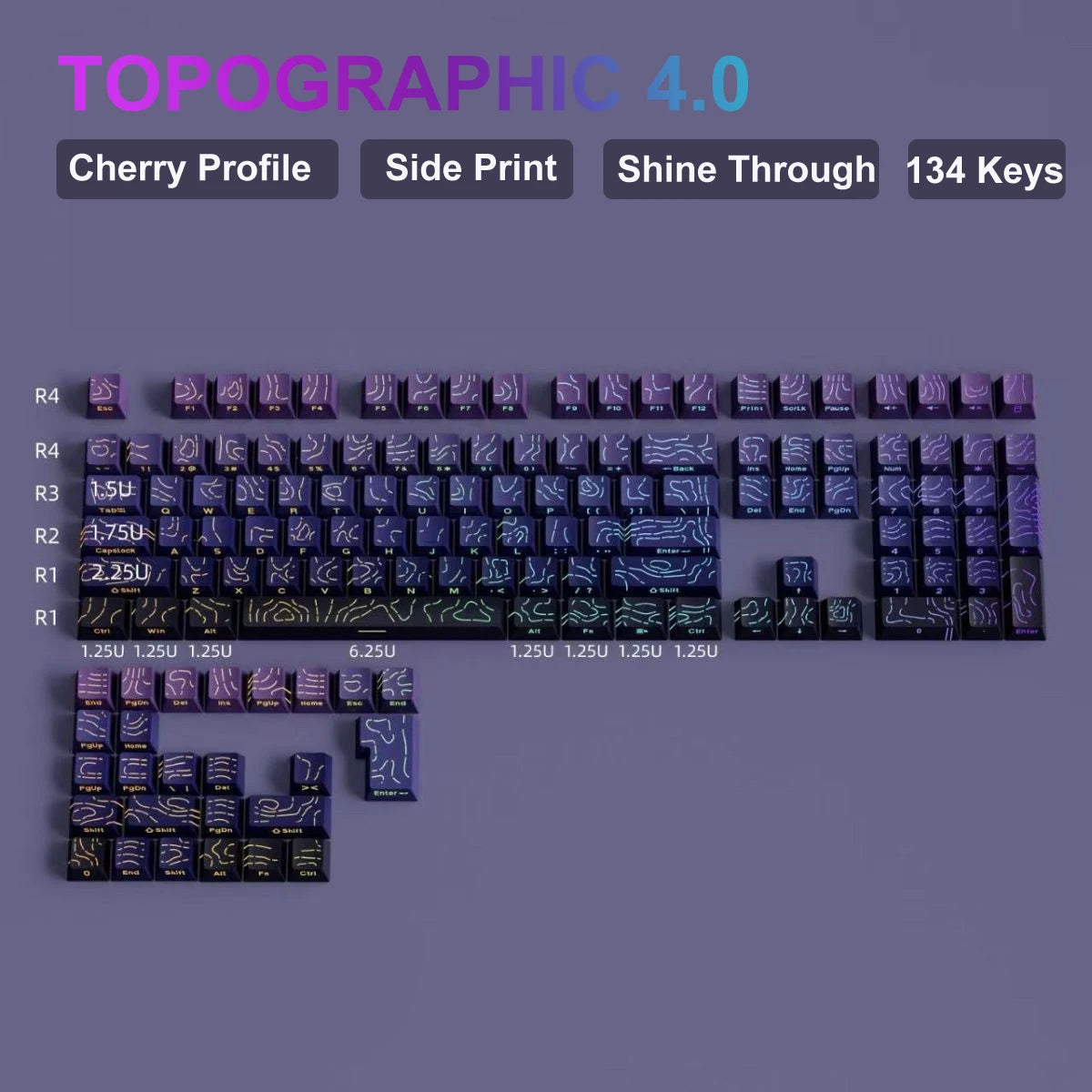 134 Key Black Topographic 4.0 PBT Keycaps Double Shot Side Print Shine through Backlit Key Caps for MX Gamer Mechanical Keyboard