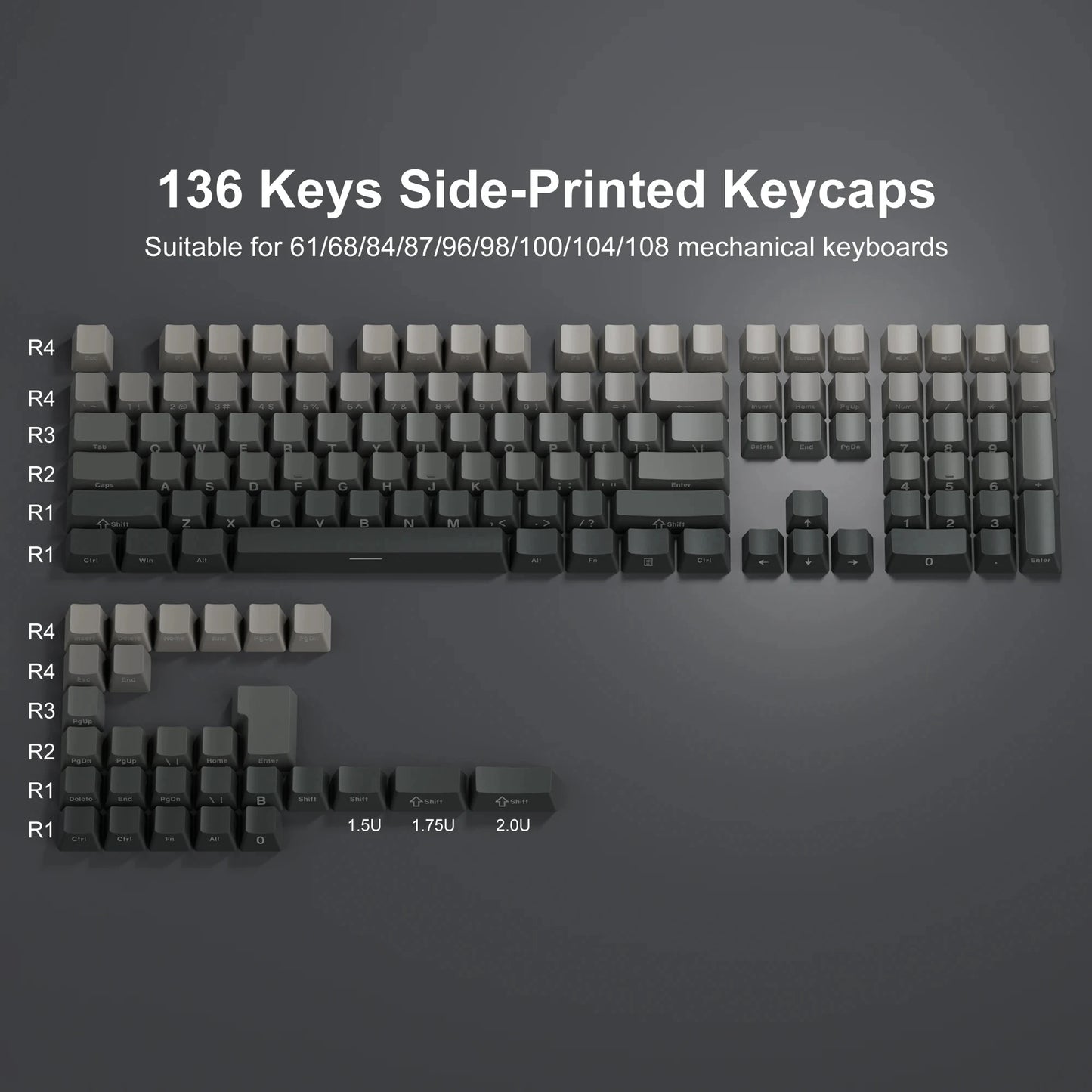 134 Key Black Topographic 4.0 PBT Keycaps Double Shot Side Print Shine through Backlit Key Caps for MX Gamer Mechanical Keyboard