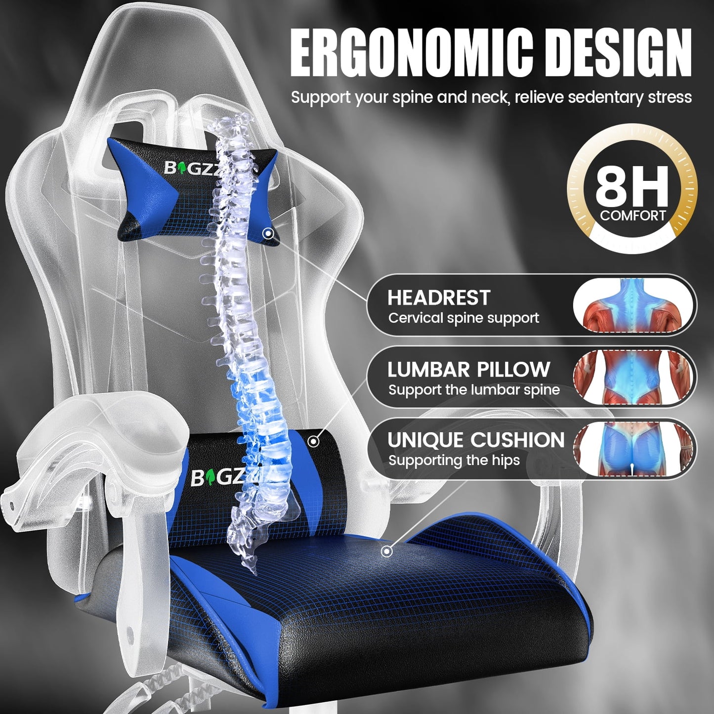 Gaming Chair, Ergonomic Computer Chair with Lumbar Support and Headrest, Blue
