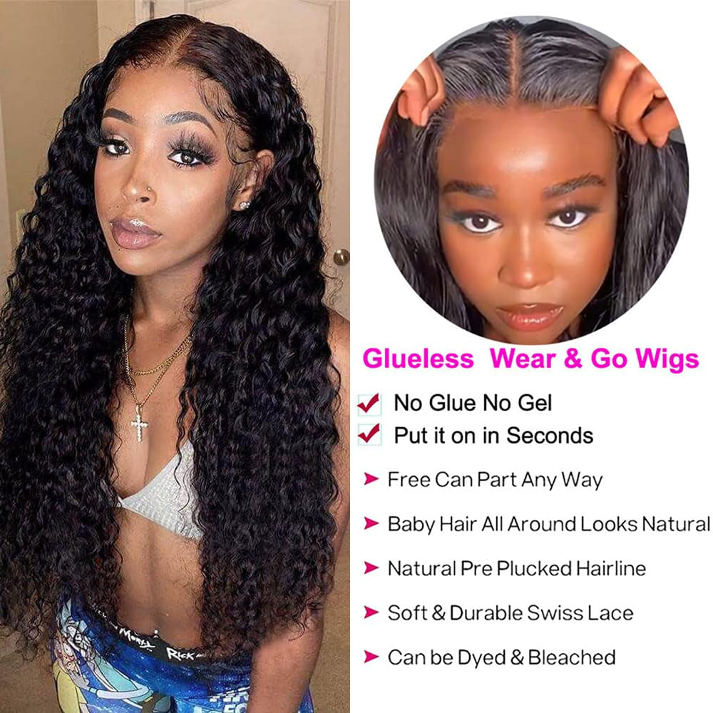 Wear and Go Glueless Wigs Human Hair Pre Plucked Pre Cut for Beginners Deep Wave Lace Front Wigs Human Hair 4X4 HD Lace Closure Deep Curly Wigs Human Hair for Women 18 Inch 180% Density