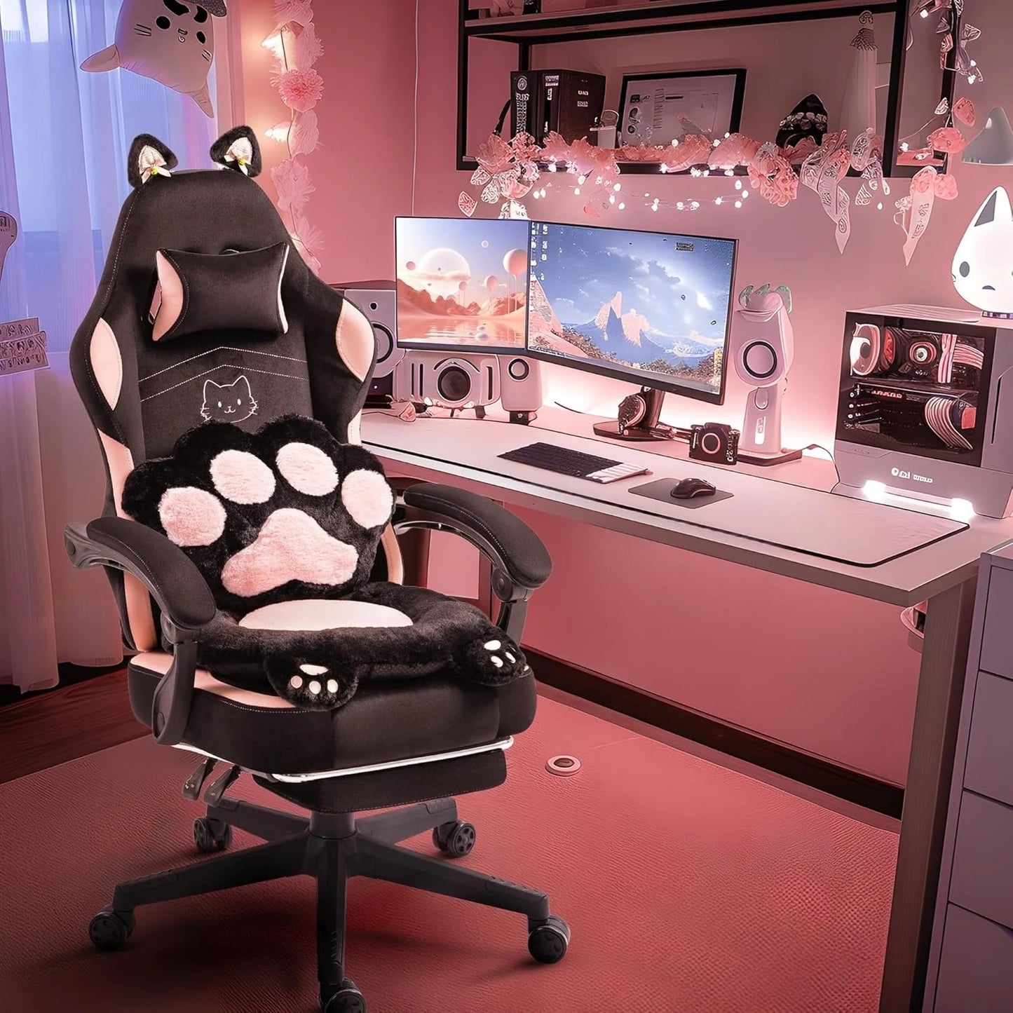 Gaming Chair Cute with Cat Ears Paw Lumbar and Cushion,Ergonomic Computer Chair with Footrest,Reclining PC Game Chair for Girl