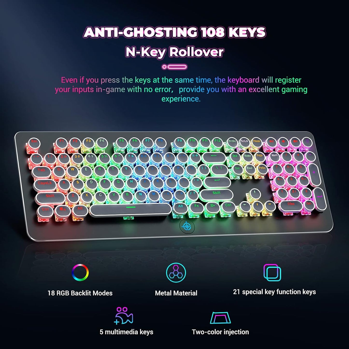 Retro Mechanical Keyboard, Typewriter Keyboard, RGB Gaming Keyboard with RGB Backlit,Retro Keyboard with round Keycaps and Multimedia Keys for Gaming/Office(108 Keys,Brown Switch,Black)
