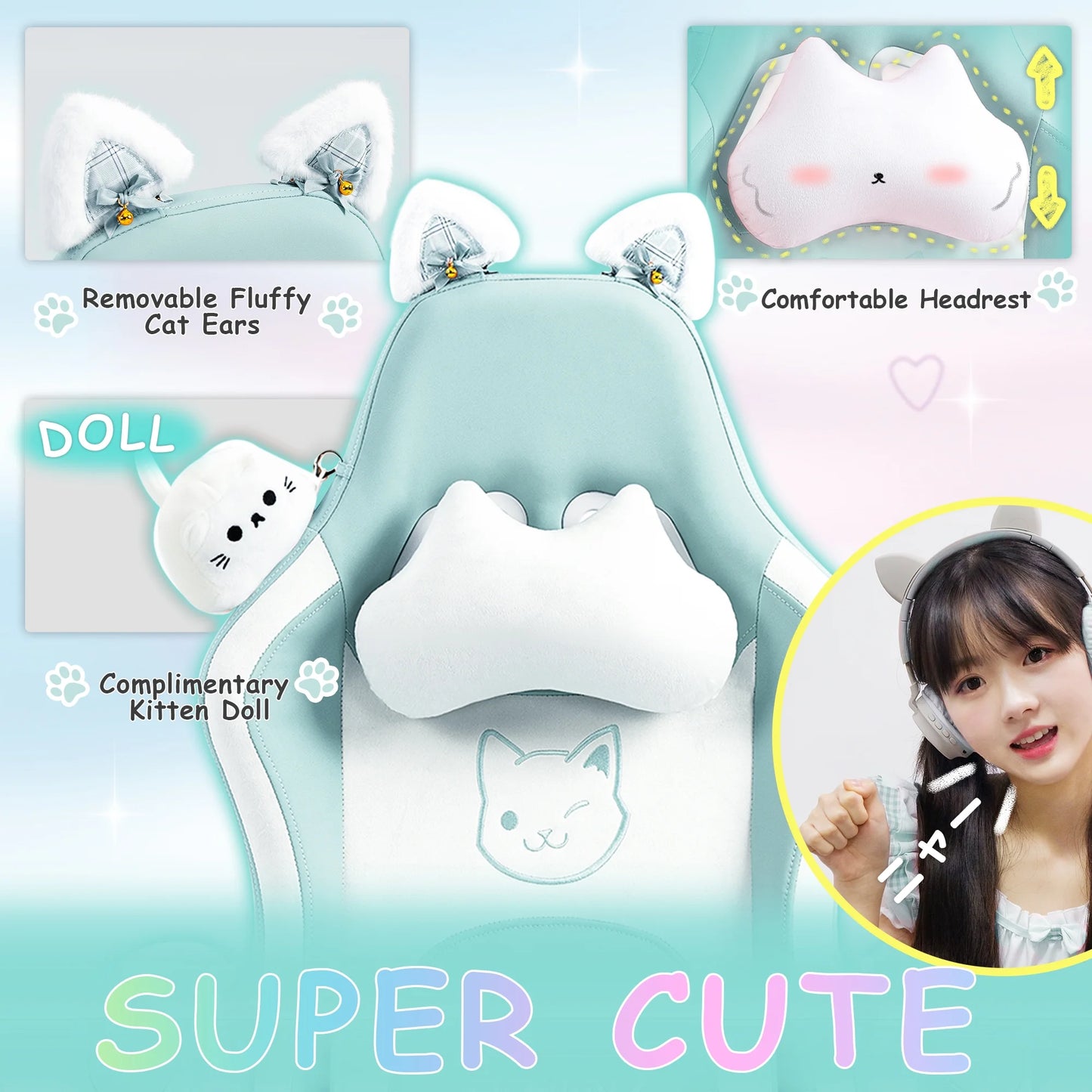 Cute Cat-Ear Gaming Chair with Massaging Lumbar Support, Ergonomic Computer Gaming Chair for Girl and Adults, Reclining Comfort Game Chairs with Footrest, Blue