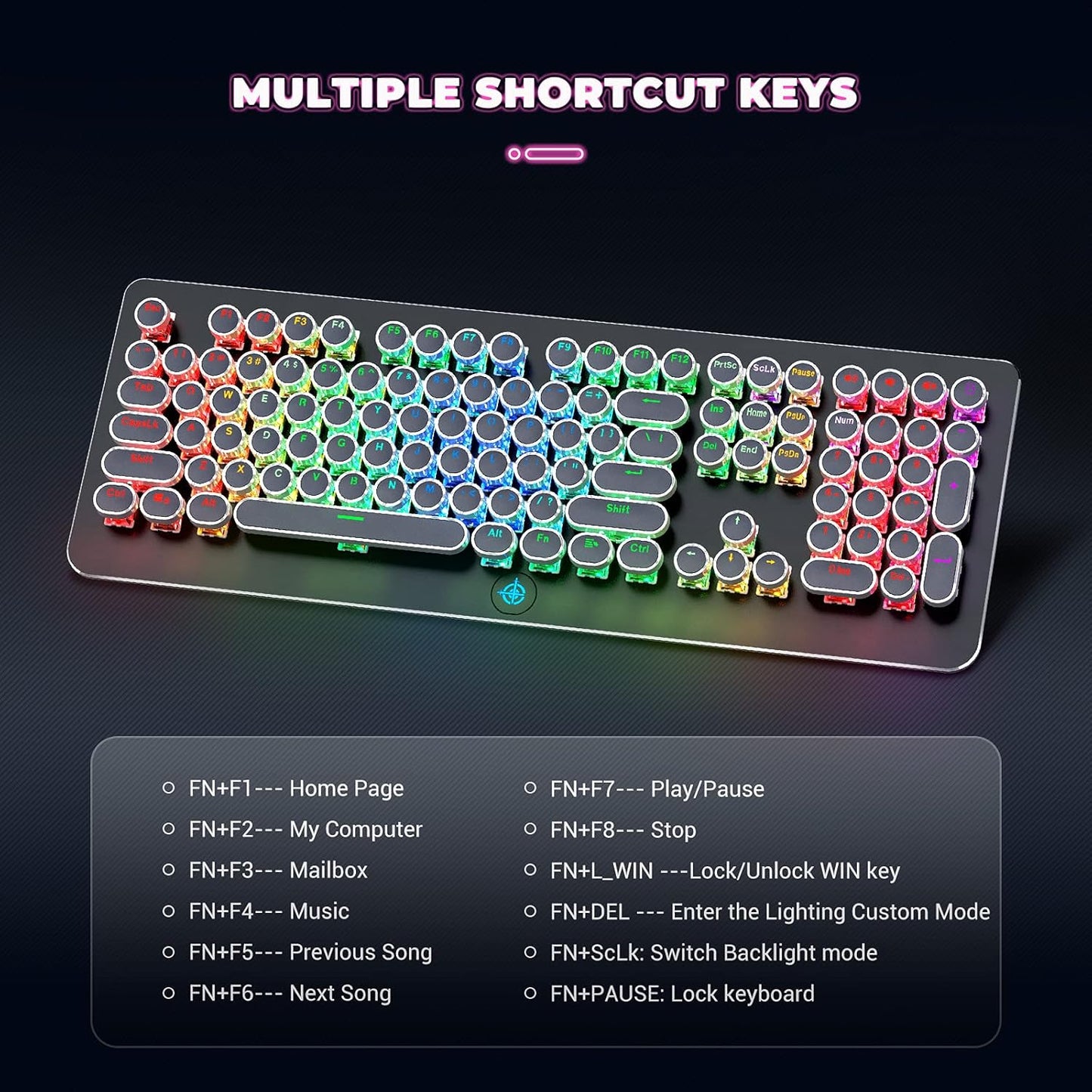 Retro Mechanical Keyboard, Typewriter Keyboard, RGB Gaming Keyboard with RGB Backlit,Retro Keyboard with round Keycaps and Multimedia Keys for Gaming/Office(108 Keys,Brown Switch,Black)
