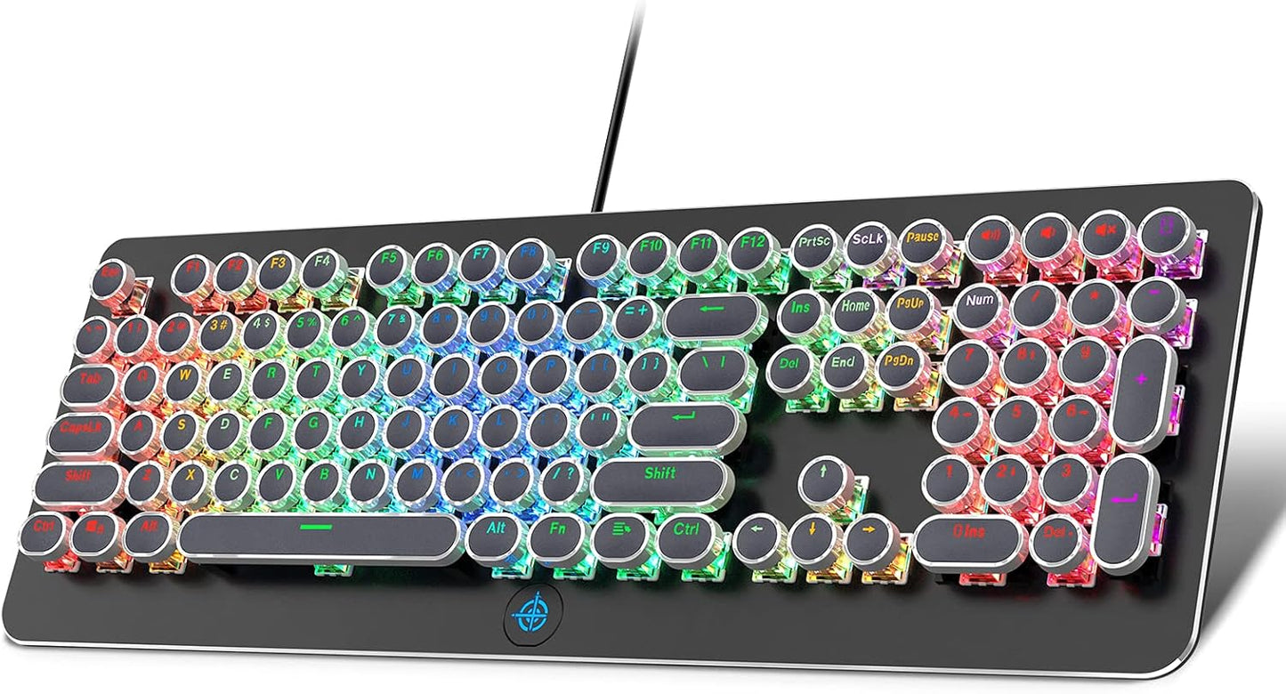 Retro Mechanical Keyboard, Typewriter Keyboard, RGB Gaming Keyboard with RGB Backlit,Retro Keyboard with round Keycaps and Multimedia Keys for Gaming/Office(108 Keys,Brown Switch,Black)