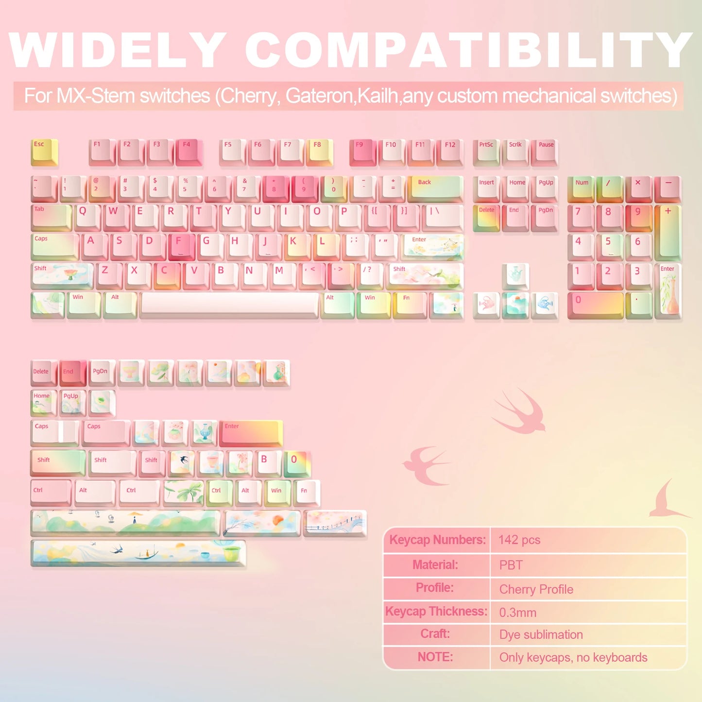 Spring Garden Keycaps, 142 Keys PBT Dye-Sublimation Custom Custom Keycap Set for Gateron MX Mechanical Gaming Keyboard