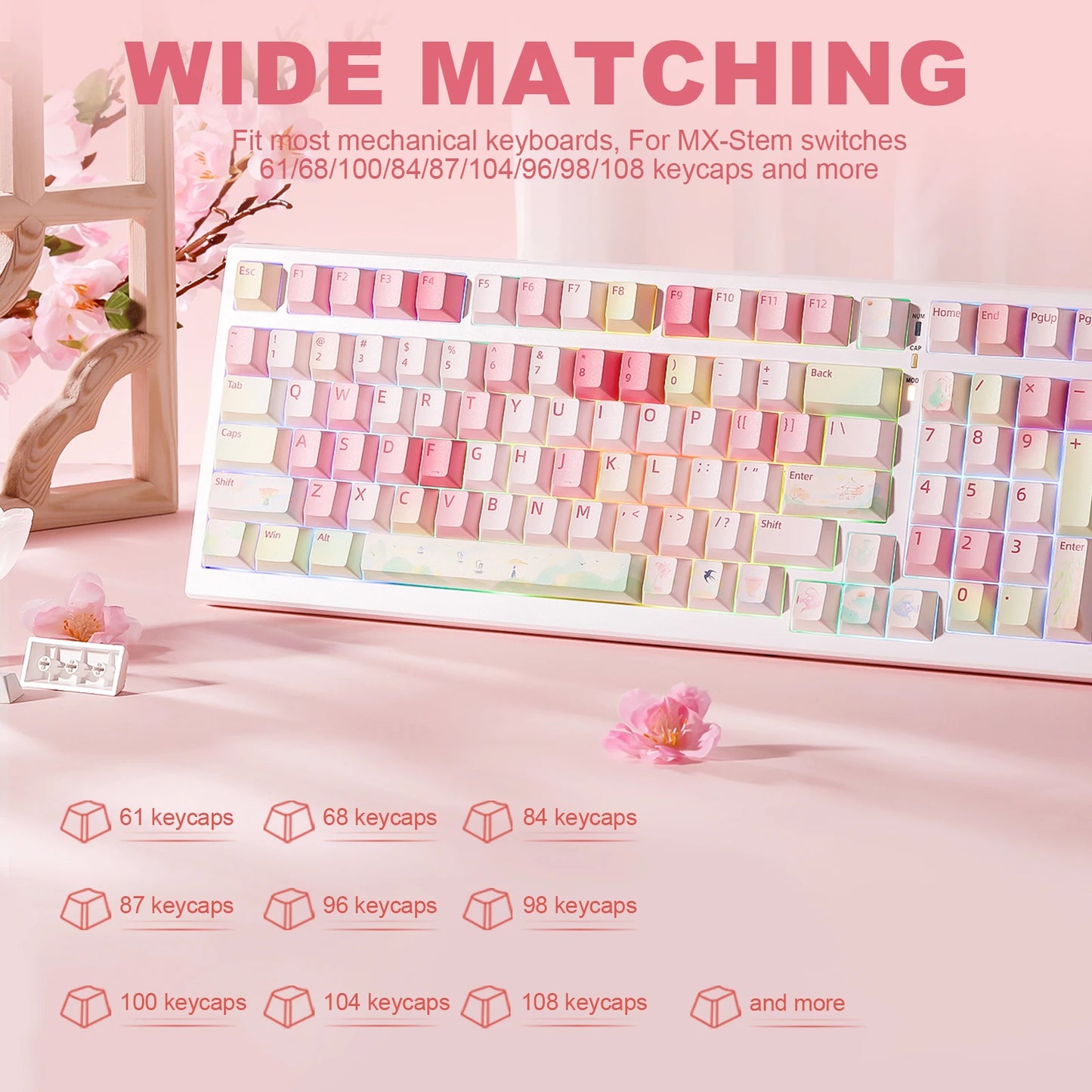 Spring Garden Keycaps, 142 Keys PBT Dye-Sublimation Custom Custom Keycap Set for Gateron MX Mechanical Gaming Keyboard