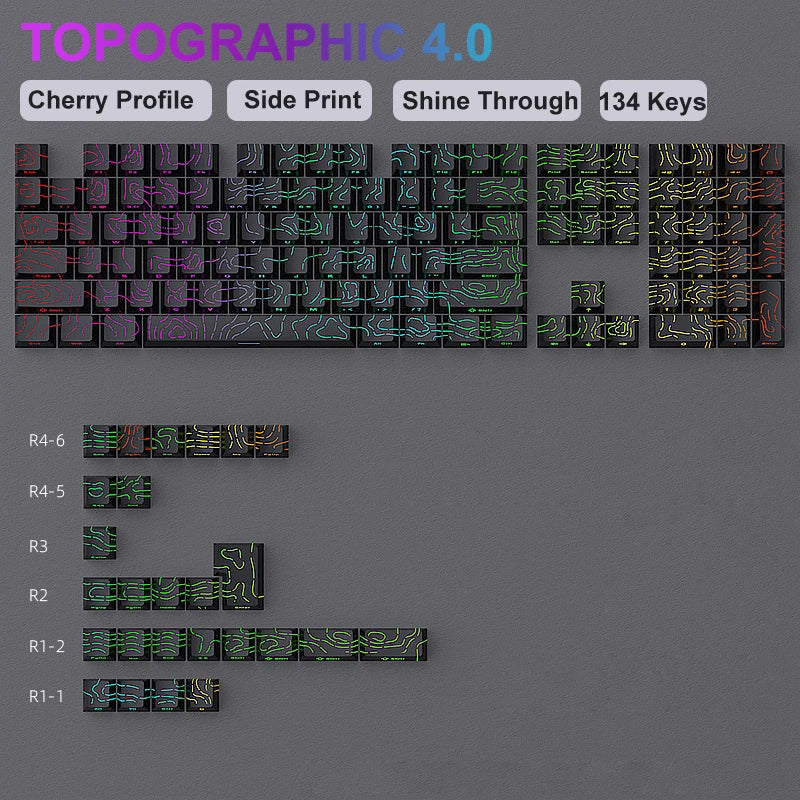 134 Key Black Topographic 4.0 PBT Keycaps Double Shot Side Print Shine through Backlit Key Caps for MX Gamer Mechanical Keyboard