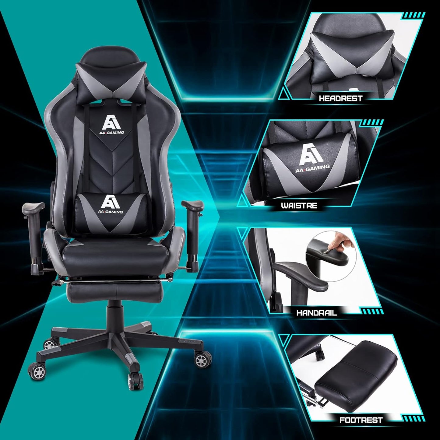 AA Products Gaming Chair High Back Ergonomic Computer Racing Chair Adjustable Office Chair with Footrest, Lumbar Support Swivel Chair - Grey