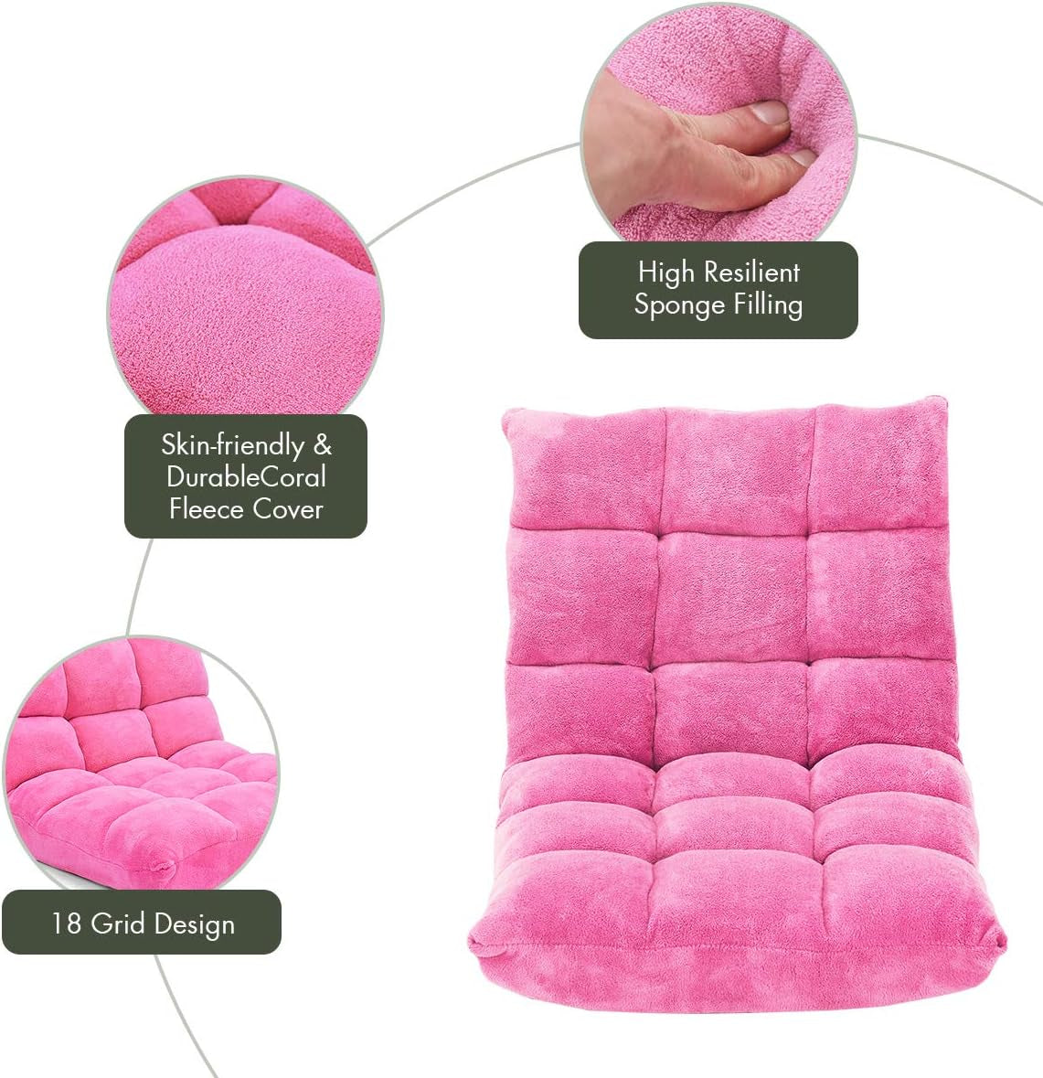 Cushioned Floor Chair, 14-Position Adjustable Padded Lazy Recliner with Comfortable Back Support and Skin-Friendly Cover, Great for Reading, Playing Game, Meditating (Delightful Pink)