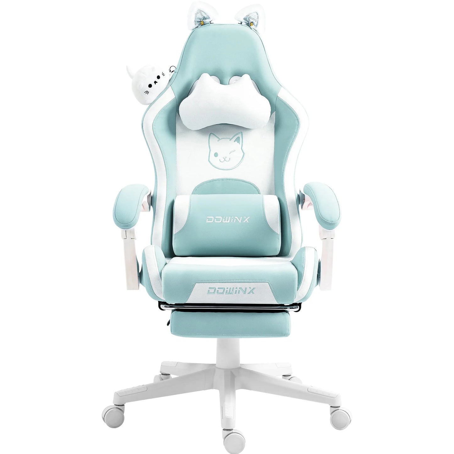 Cute Cat-Ear Gaming Chair with Massaging Lumbar Support, Ergonomic Computer Gaming Chair for Girl and Adults, Reclining Comfort Game Chairs with Footrest, Blue