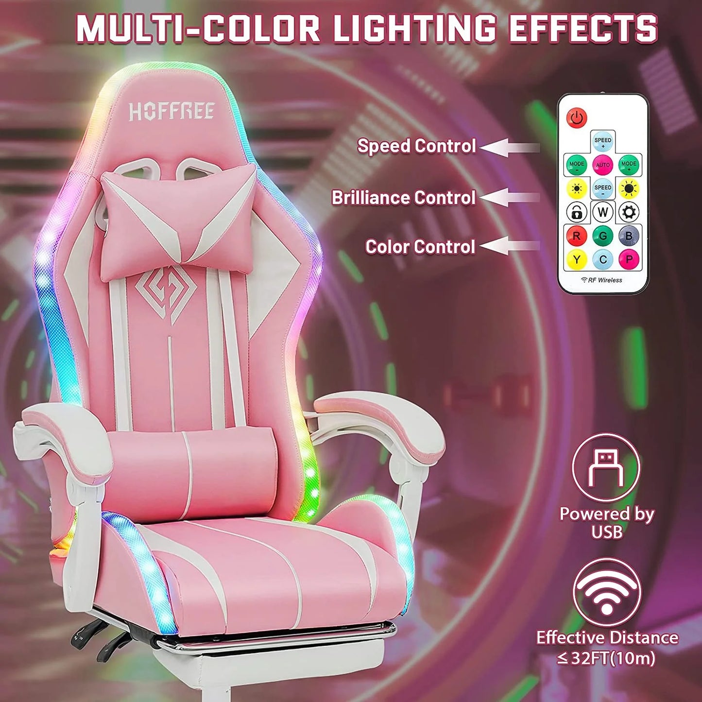 Gaming Chair with Bluetooth Speakers and Footrest Massage Office Chair with LED Lights Ergonomic Game Chair High Back with Lumbar Support and Headrest Adjustable Swivel for Adults 300Lb