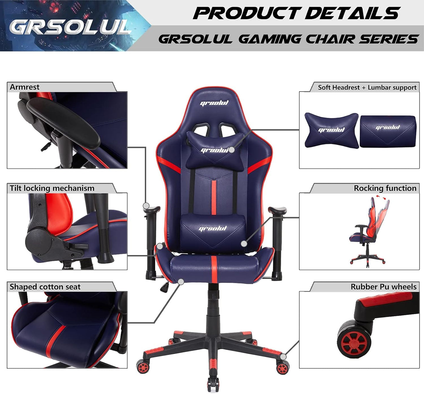 Gaming Chair Ergonomic Video Game Chair with Adjustable Lumbar Support & Headrest,High Back Office Computer Chair for Adults Teens,Blue.
