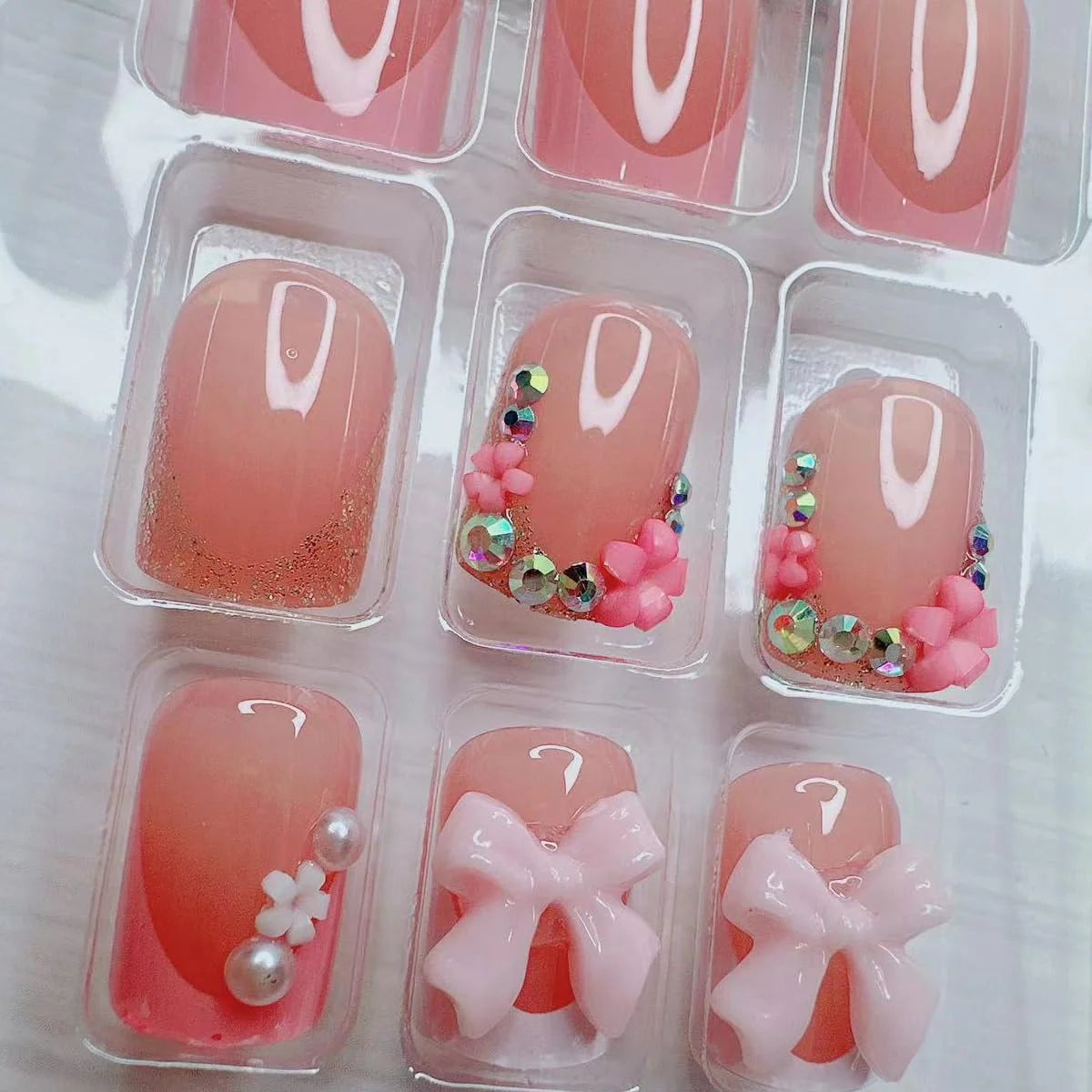 24Pcs French Tip Press on Nails Short with Charms Bow Flower Design, Pink French Nails Press Ons Cute Bow Stick on Nails Short Square Shape Acrylic Nails Rhinestones Nails for Women