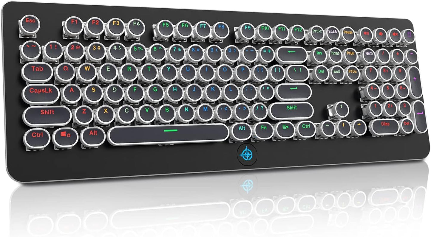 Retro Mechanical Keyboard, Typewriter Keyboard, RGB Gaming Keyboard with RGB Backlit,Retro Keyboard with round Keycaps and Multimedia Keys for Gaming/Office(108 Keys,Brown Switch,Black)