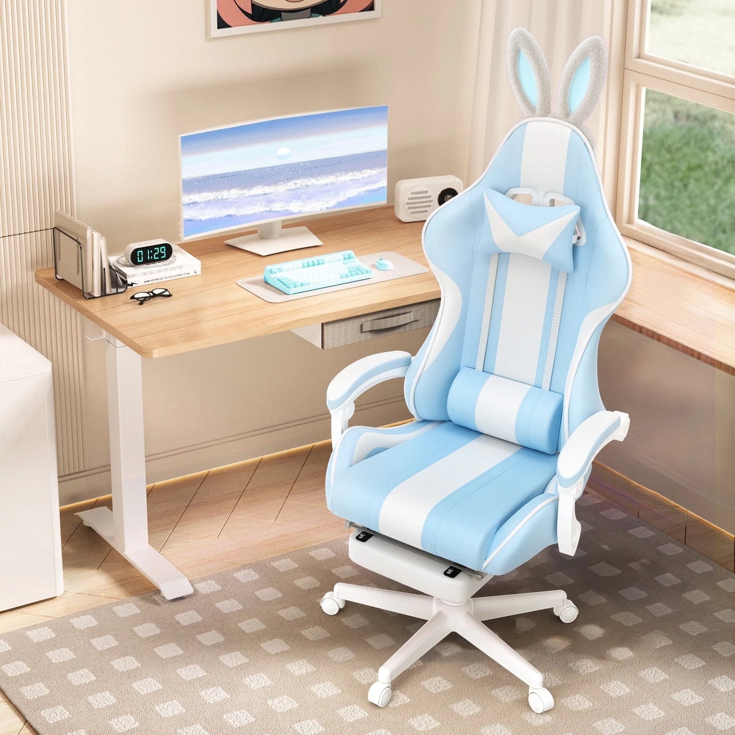 SOONTRANS Ergonomic High Back Gaming Chair with Footrest & Massage Lumbar Pillow, Green