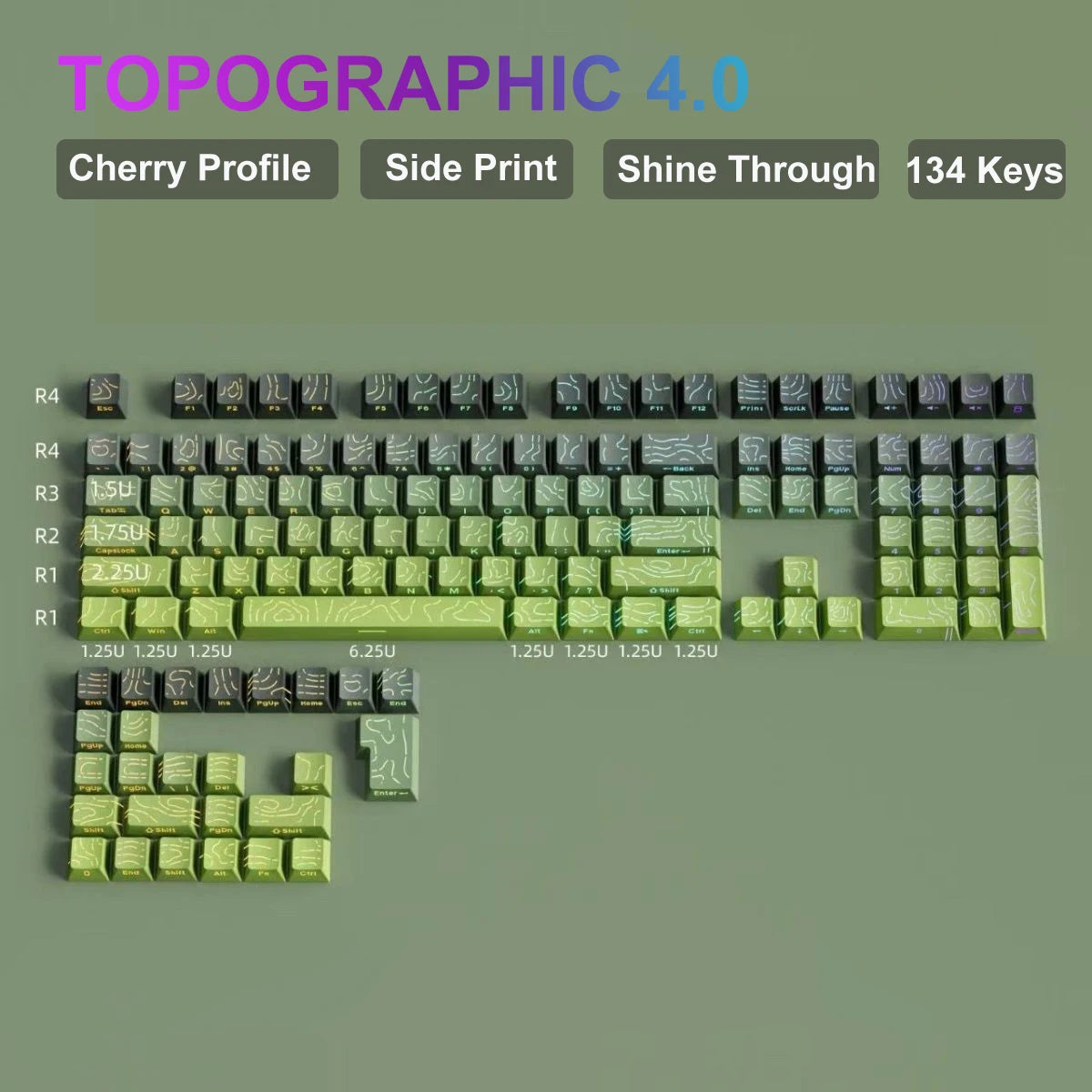 134 Key Black Topographic 4.0 PBT Keycaps Double Shot Side Print Shine through Backlit Key Caps for MX Gamer Mechanical Keyboard