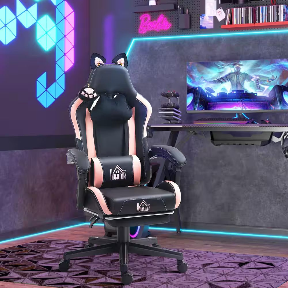 Faux Leather Cat Ear, Pillow, Adjustable Height, Tilt Gaming Chair in Black and Pink
