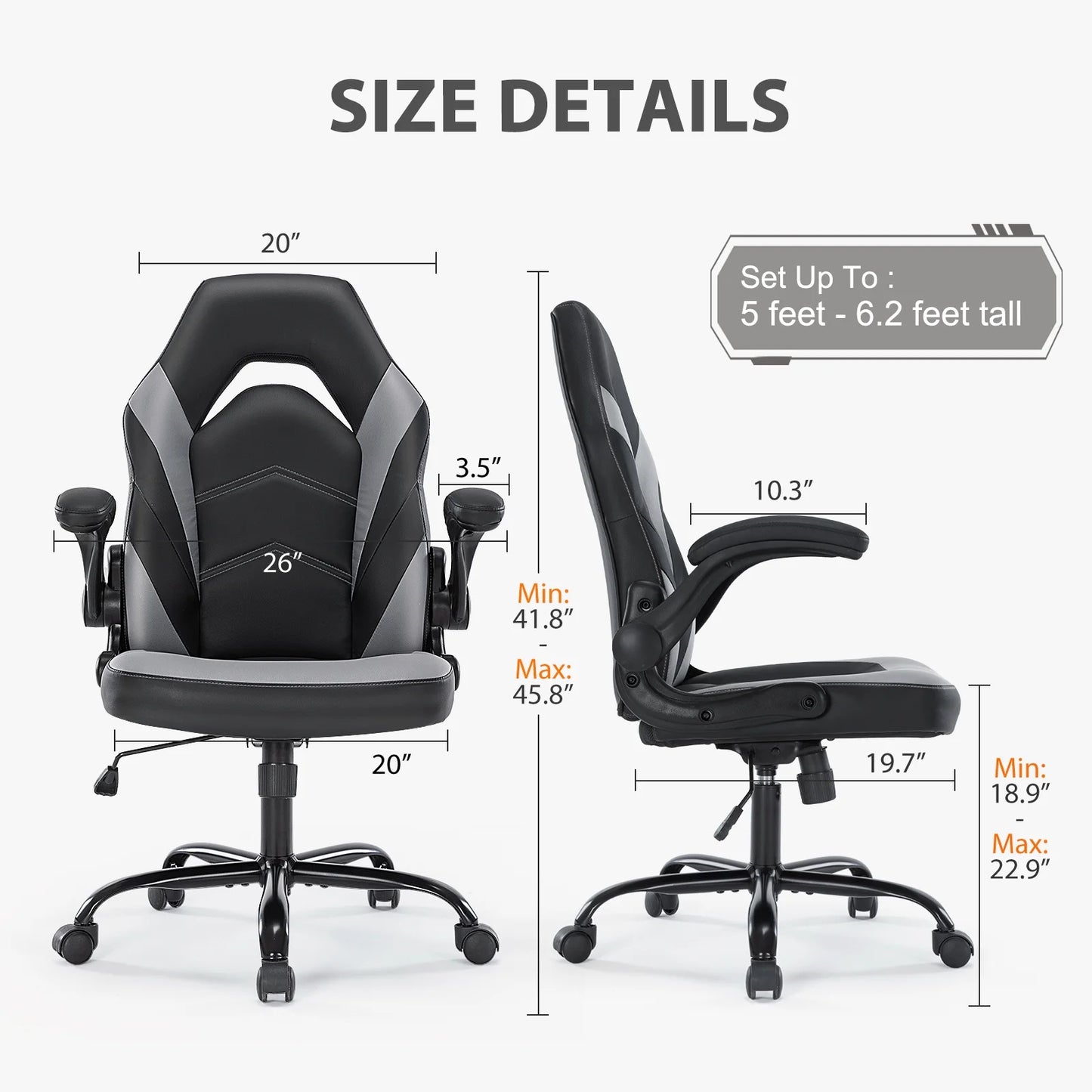 GIANNA Computer Gaming Chair, Ergonomic PU Leather Racing Chair with Flip-Up Armrest, Black Grey