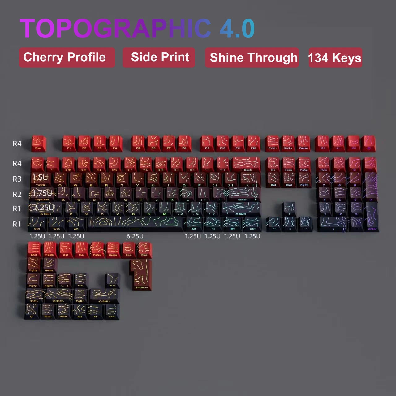 134 Key Black Topographic 4.0 PBT Keycaps Double Shot Side Print Shine through Backlit Key Caps for MX Gamer Mechanical Keyboard