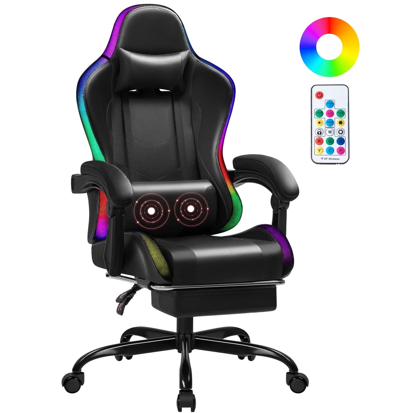 Homall RGB Gaming Chair with Massage and LED Lights Ergonomic Computer Chair with Footrest E-Sports Chair with Adjustable Lumbar Support Reclining Video Game Chair, Black