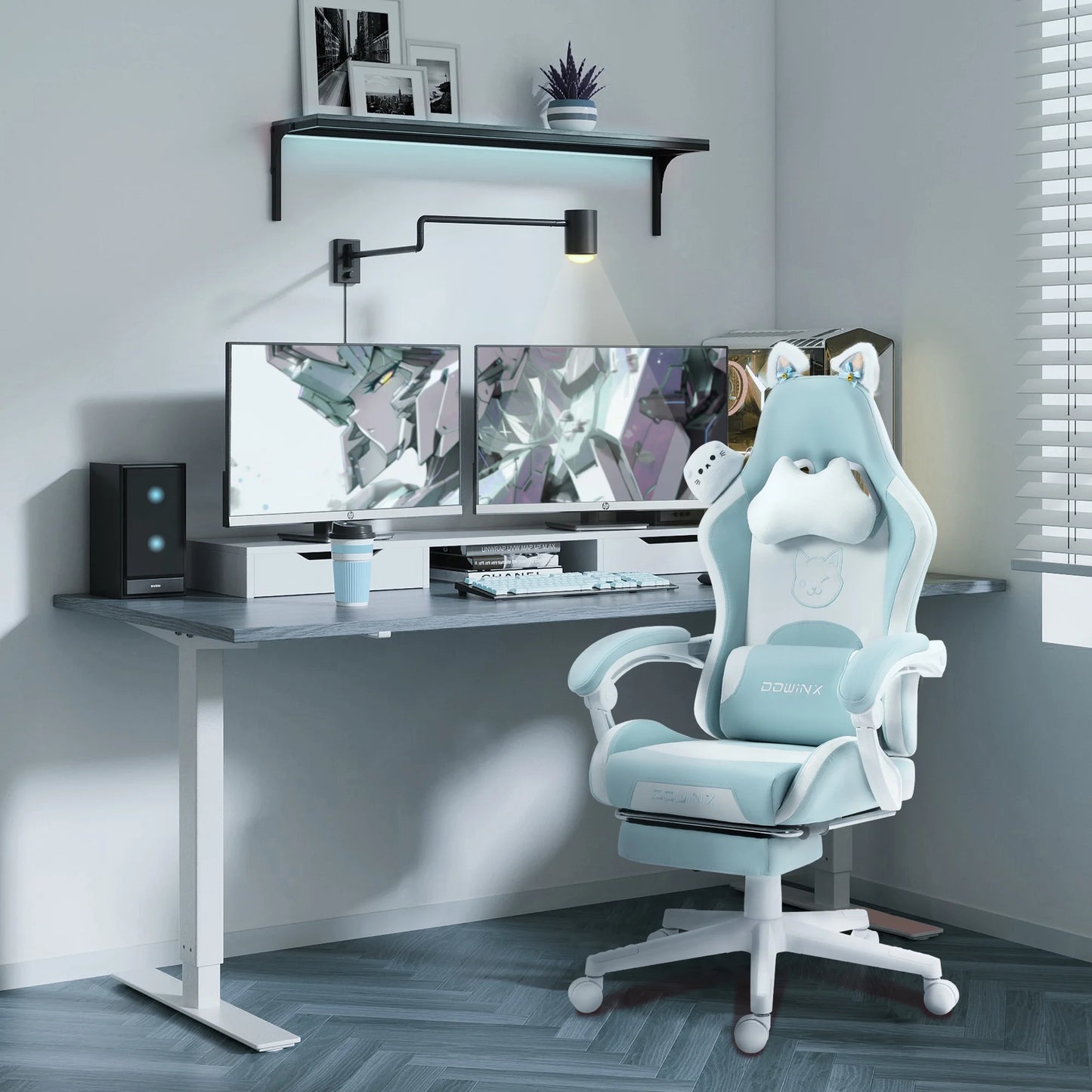 Cute Cat-Ear Gaming Chair with Massaging Lumbar Support, Ergonomic Computer Gaming Chair for Girl and Adults, Reclining Comfort Game Chairs with Footrest, Blue