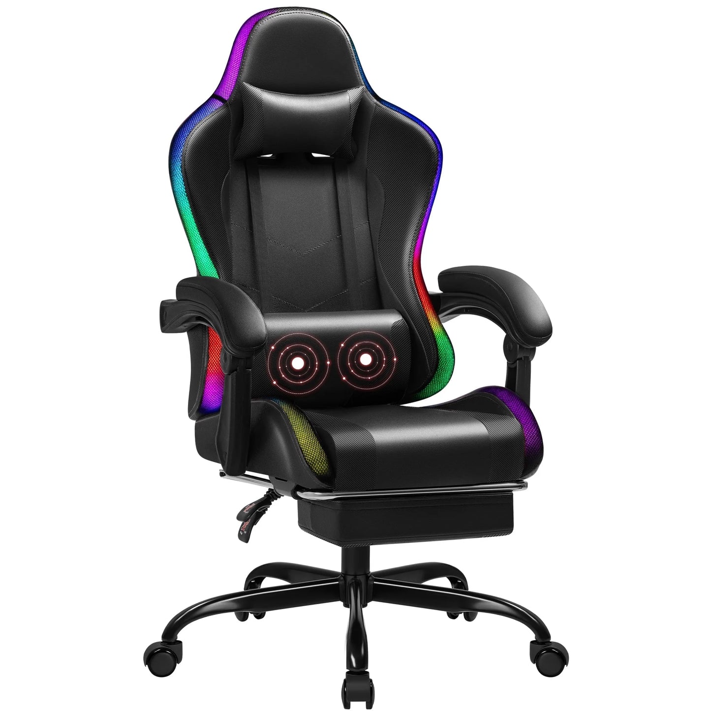 Homall RGB Gaming Chair with Massage and LED Lights Ergonomic Computer Chair with Footrest E-Sports Chair with Adjustable Lumbar Support Reclining Video Game Chair, Black