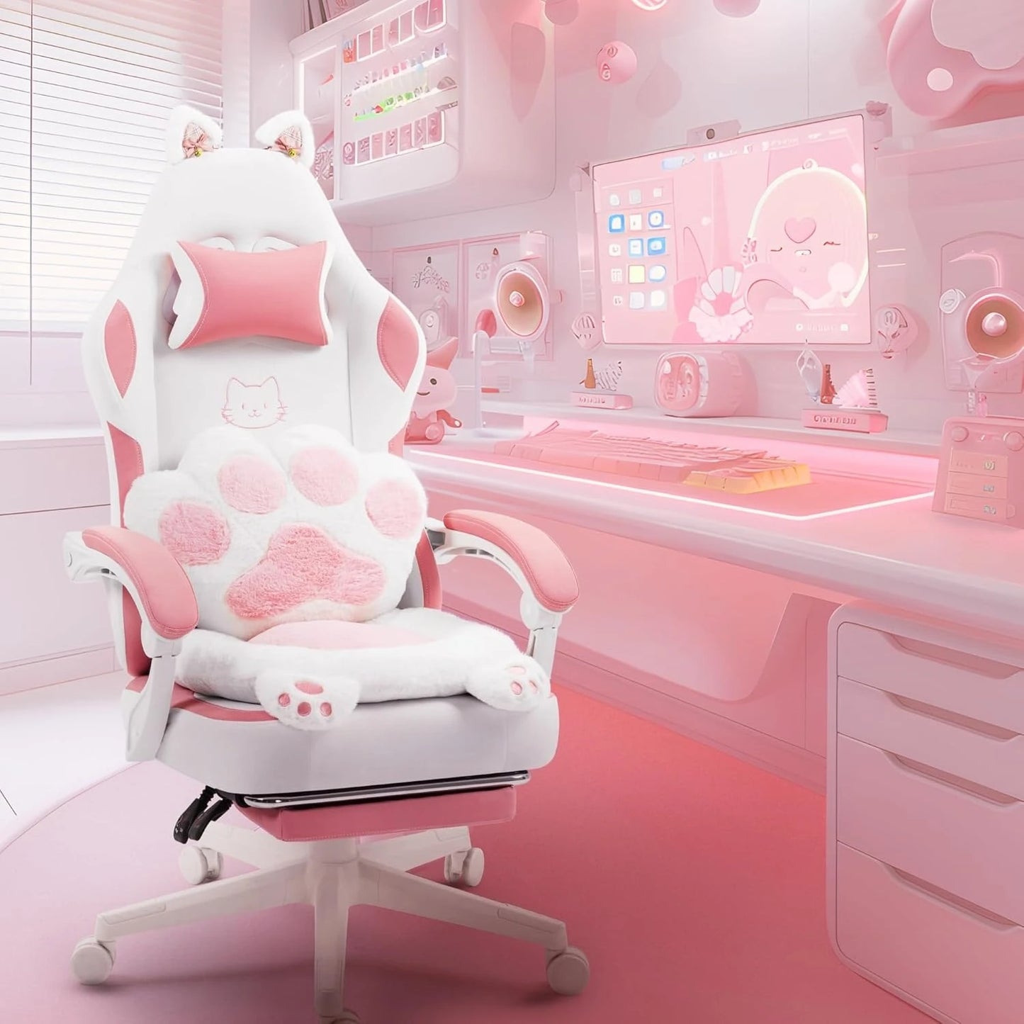 Gaming Chair Cute with Cat Ears Paw Lumbar and Cushion,Ergonomic Computer Chair with Footrest,Reclining PC Game Chair for Girl