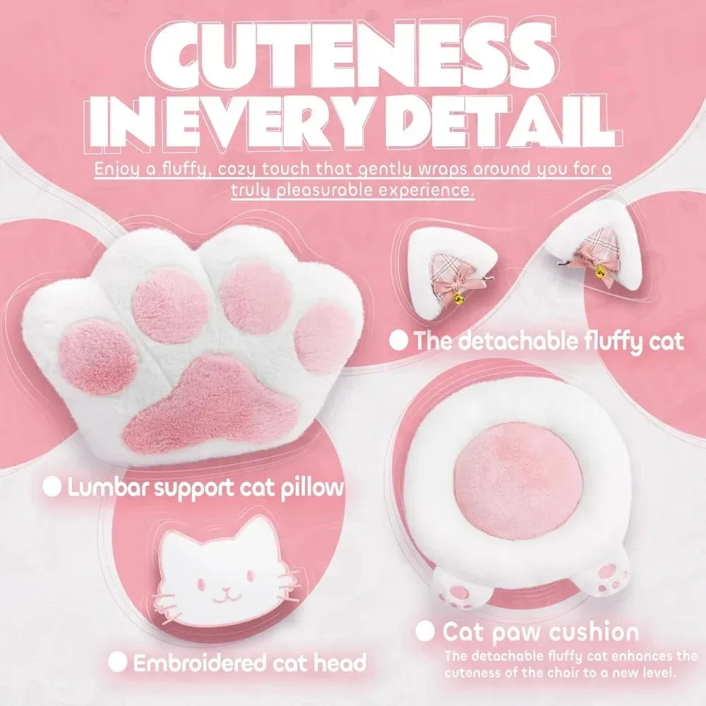 Gaming Chair, Cute with Cat Ears Paw Lumbar and Cushion,Ergonomic Computer Chair with Footrest, Reclining, Computer Chair