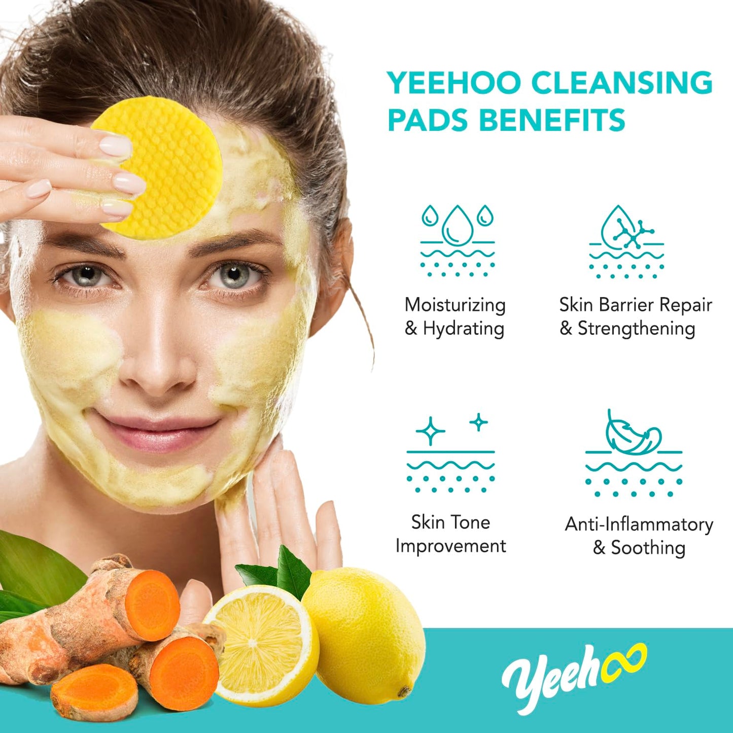 Turmeric Kojic Exfoliating Cleansing Pads: Turmeric Pads for Makeup Removal, Face and Body Cleaning, Facial Oil Balance - for More Smooth and Refreshed Skin 50 PCS