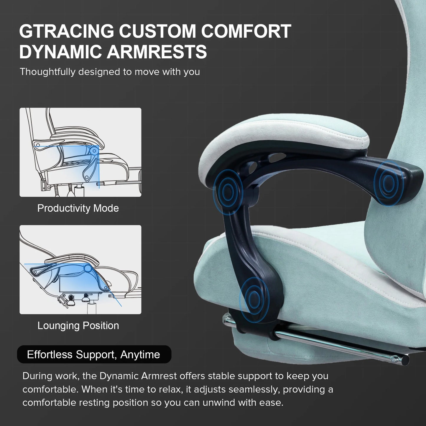 GTRACING GTW-300 Ergonomic Adjustable Height Reclining Fabric Gaming Chair, Green