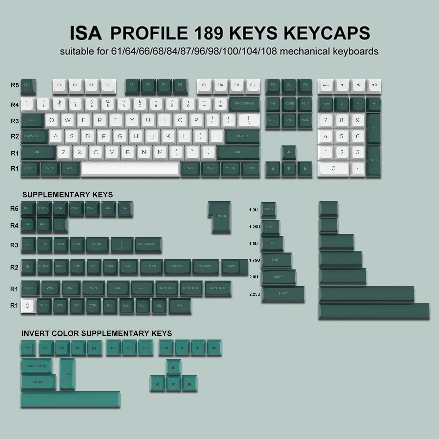 189 Key PBT Keycap Double-Shot Green White ISA Keycaps Kit Backlit Key Cap Cherry MX for Wireless Mechanical Gaming Keyboards