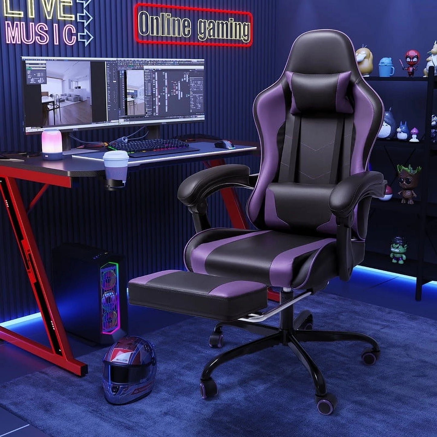 Furmax High Back Massage Gaming Chair with Footrest PU Leather Racing Computer Chair with Lumbar Support Ergonomic Office Chairs, Purple