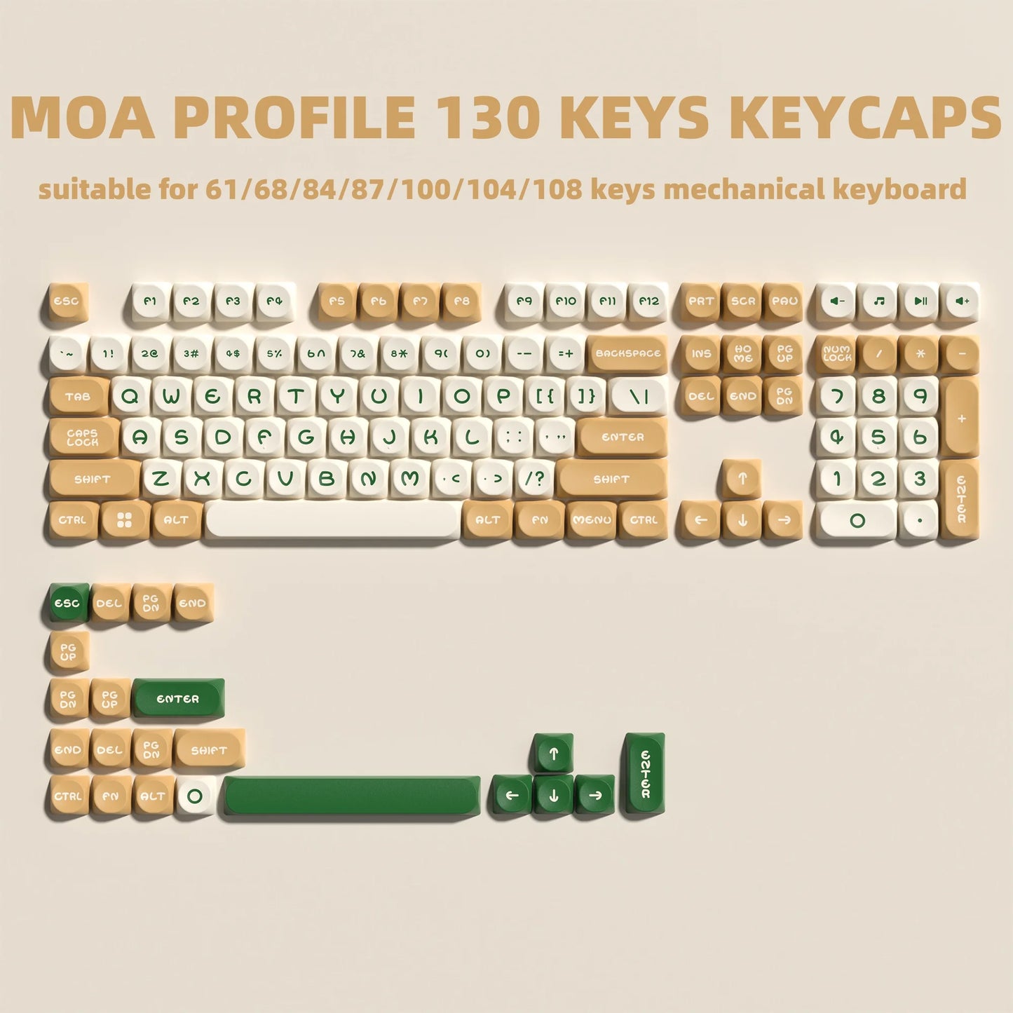 132 Keys Green 5 Sides Dye Sublimation PBT Keycaps Cute MOA Profile Keycaps for Cherry Gateron MX Switches Mechanical Keyboards