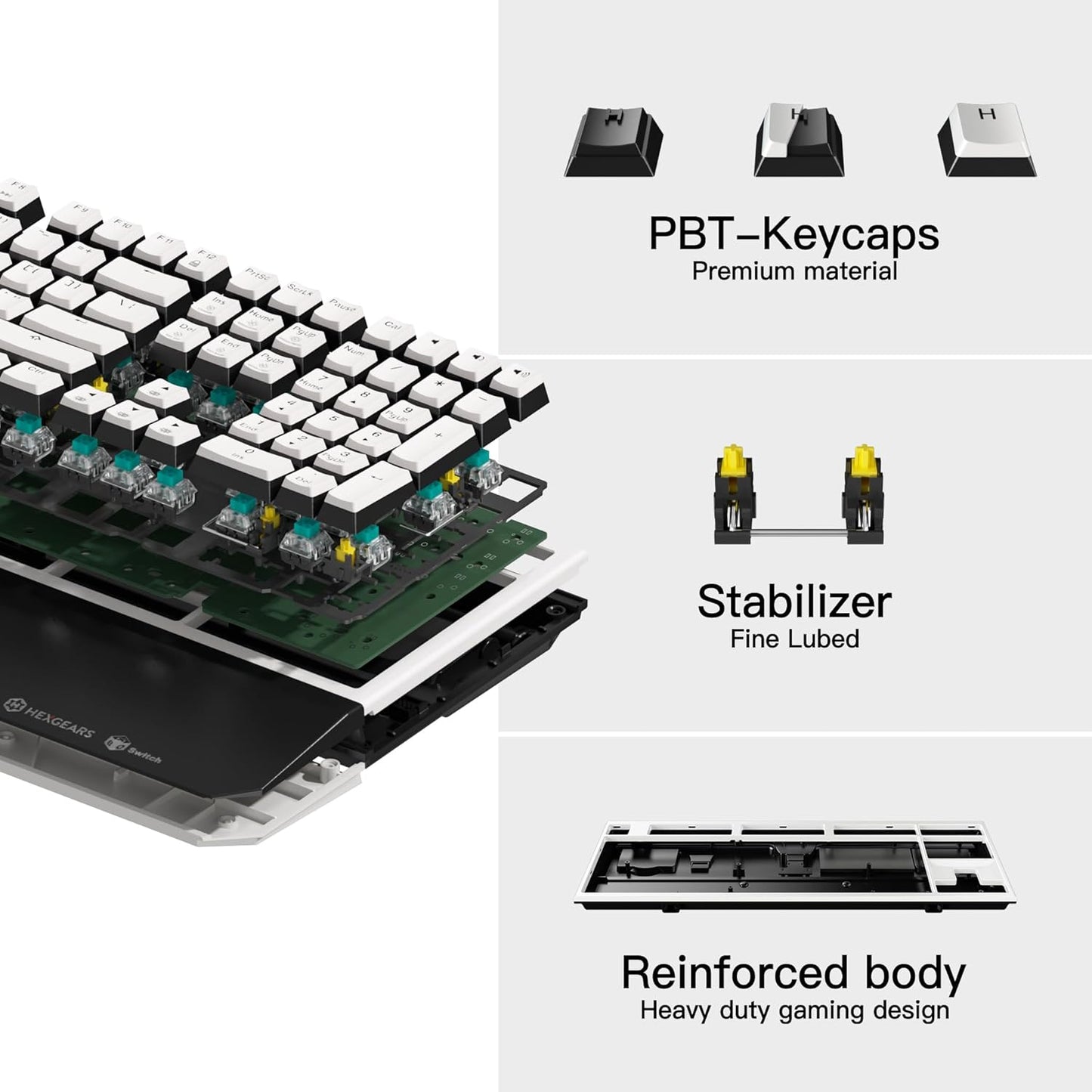 Hexgears X5 Wireless Mechanical Keyboard with Kaihl Box Switch-Rose Red, Panda Computer Keyboard for Gaming, Typing, Ergonomic 108-Key Typewriter Keyboard with Wrist Rest