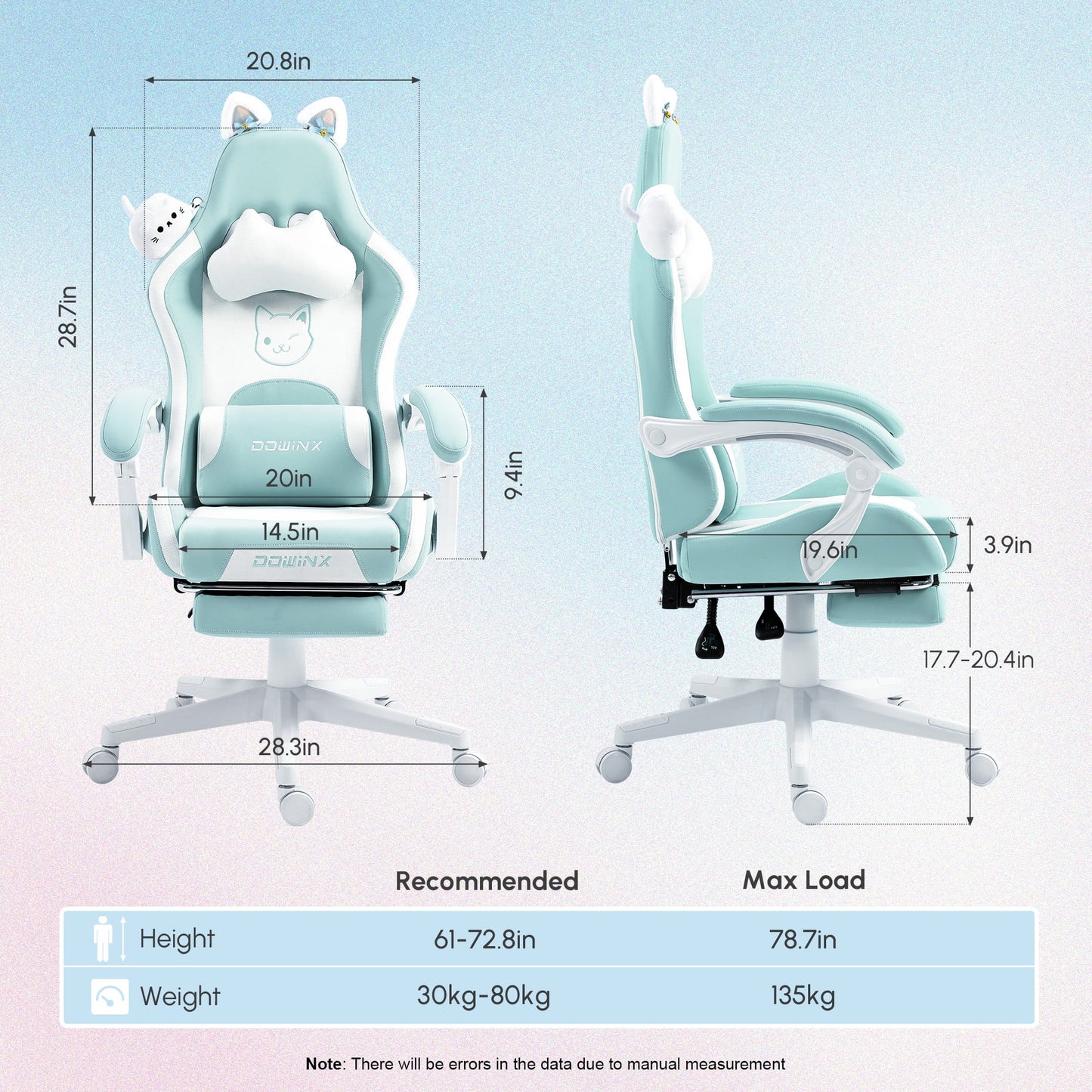 Cute Cat-Ear Gaming Chair with Massaging Lumbar Support, Ergonomic Computer Gaming Chair for Girl and Adults, Reclining Comfort Game Chairs with Footrest, Blue