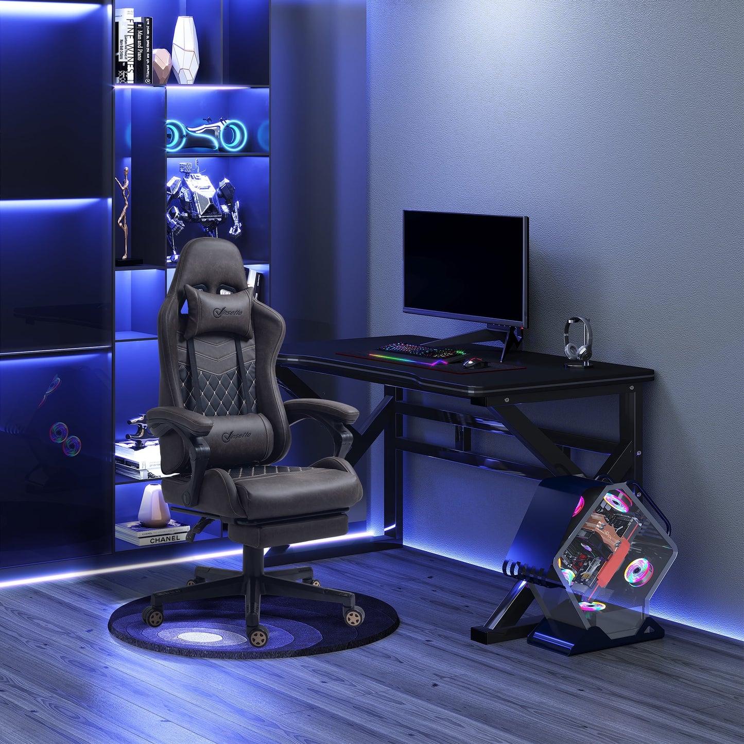 Vinsetto Racing Gaming Chair Diamond PU Leather Office Gamer Chair High Back Swivel Recliner with Footrest, Lumbar Support, Adjustable Height, Brown
