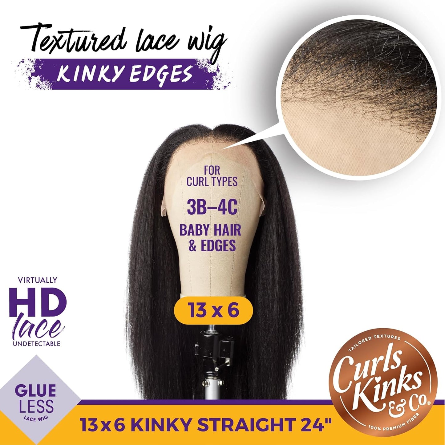 Sensationnel Curls Kinksandco Kinkyedges Wig - Kinky Straight 24 Inch 13X6 Lace Frontal Natural Kinkytexture Edged Hairline for Natural 3C to 4C Hair Textures (BALAYAGEGOLD)