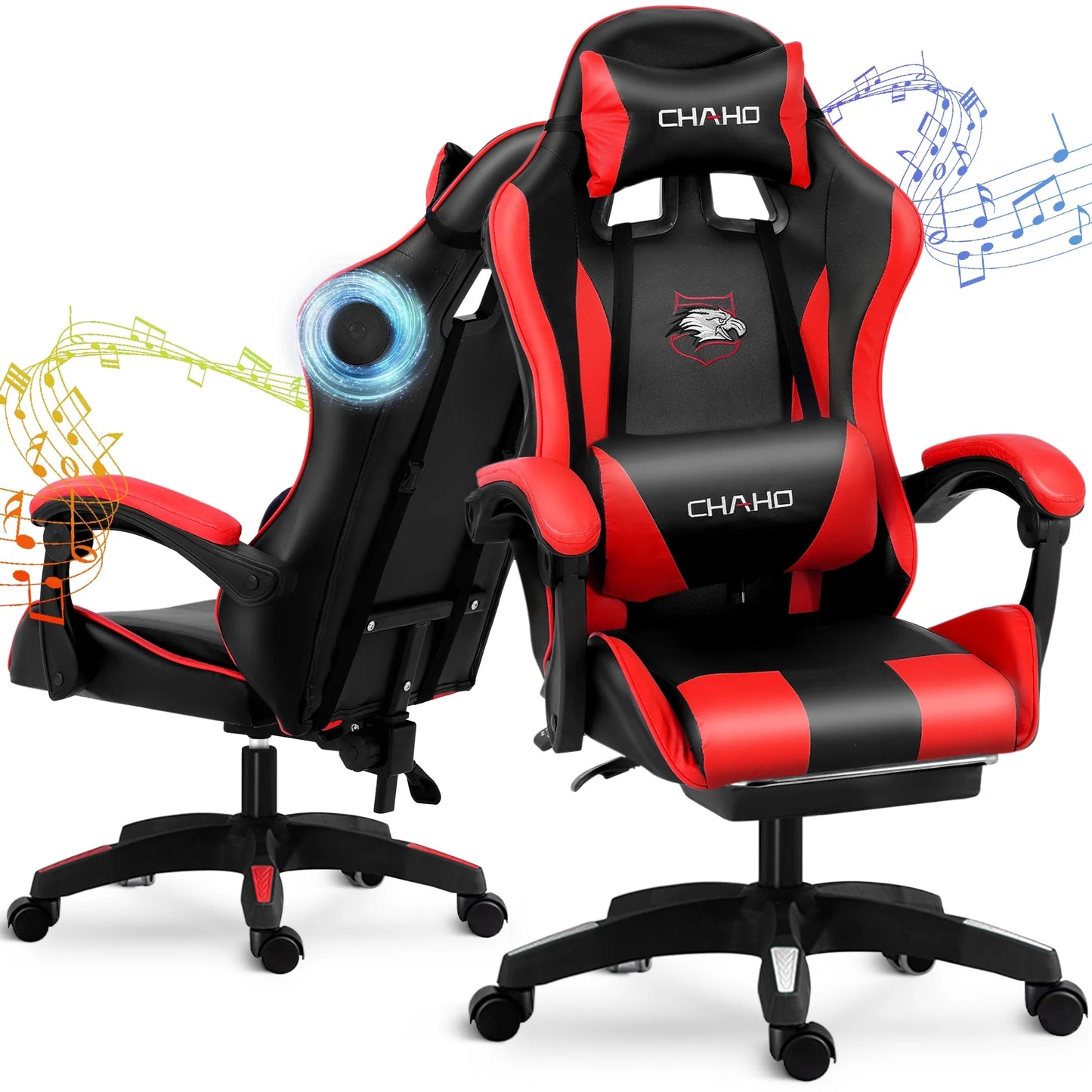 Gaming Chair, CHAHO Ergonomic Office Gaming Chair Computer Racing Chair with Footrest Lumbar Support Headrest and Bluetooth Speakers for Adults, Red